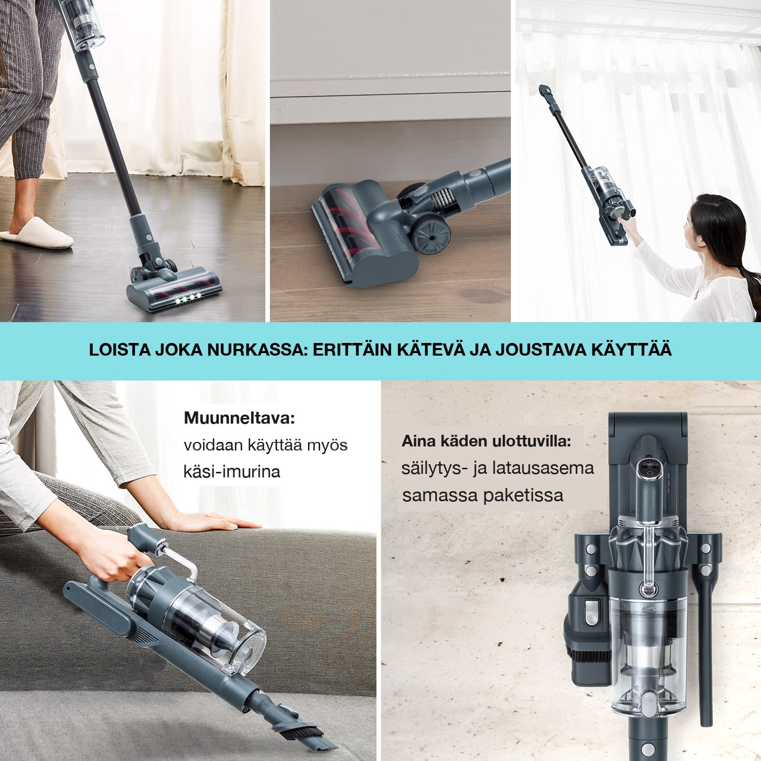 LARMA-pölynimuri johdoton pussiton akkukäyttöinen max. 45 min käyttöaika LED Antrasiitti