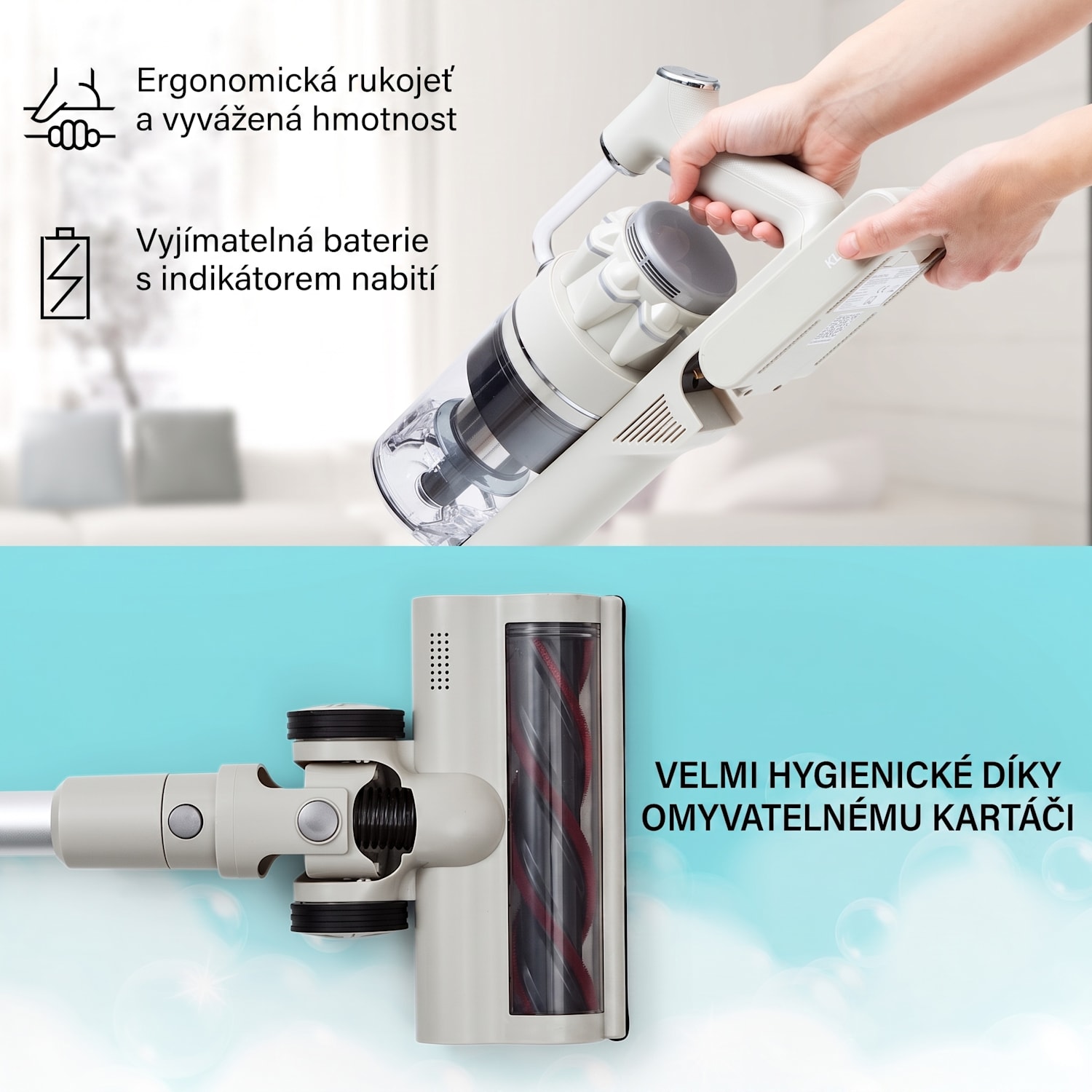 LARMA, vysavač, akumulátorový, bezsáčkový, maximální doba provozu 45 min, LED dioda Písek