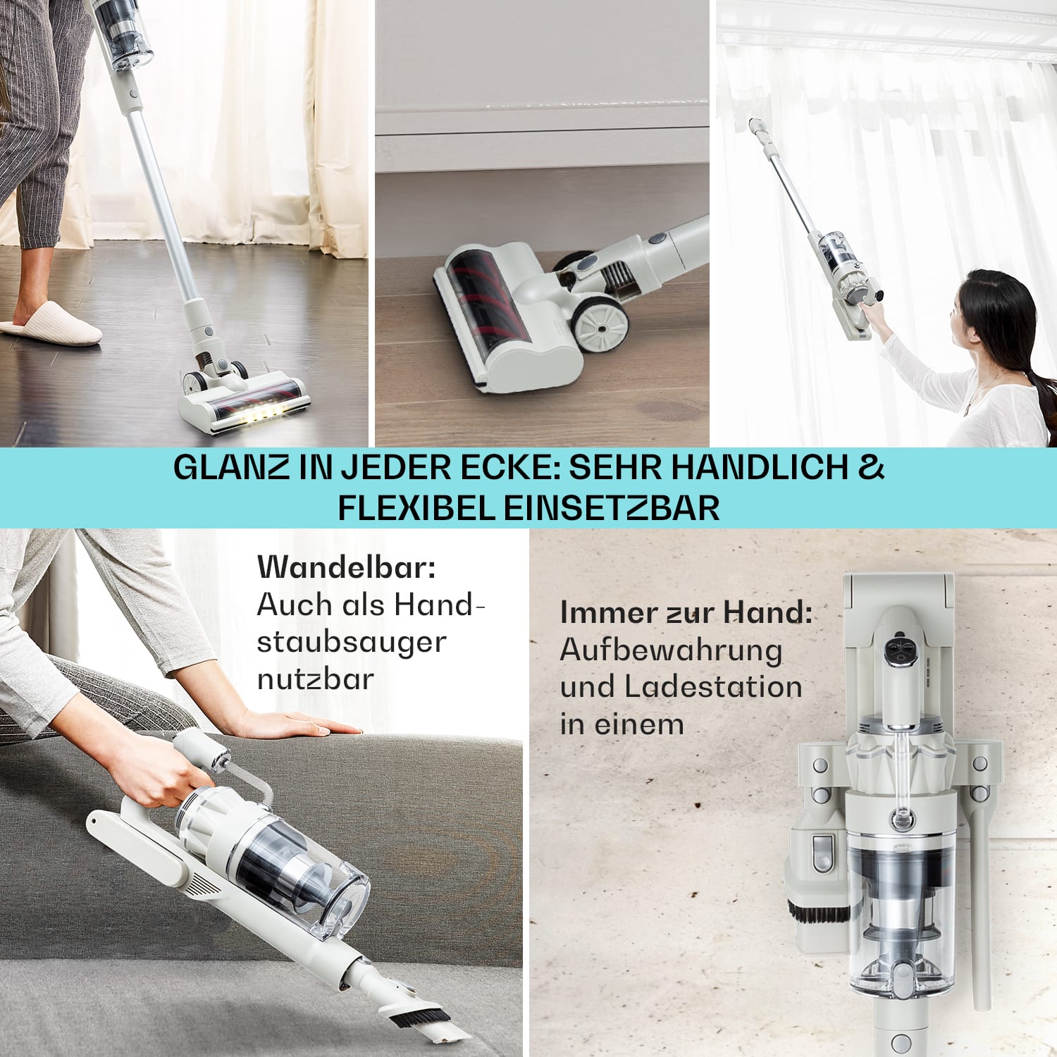 LARMA Staubsauger kabellos beutellos Akku 45 min Laufzeit max. LED Sand