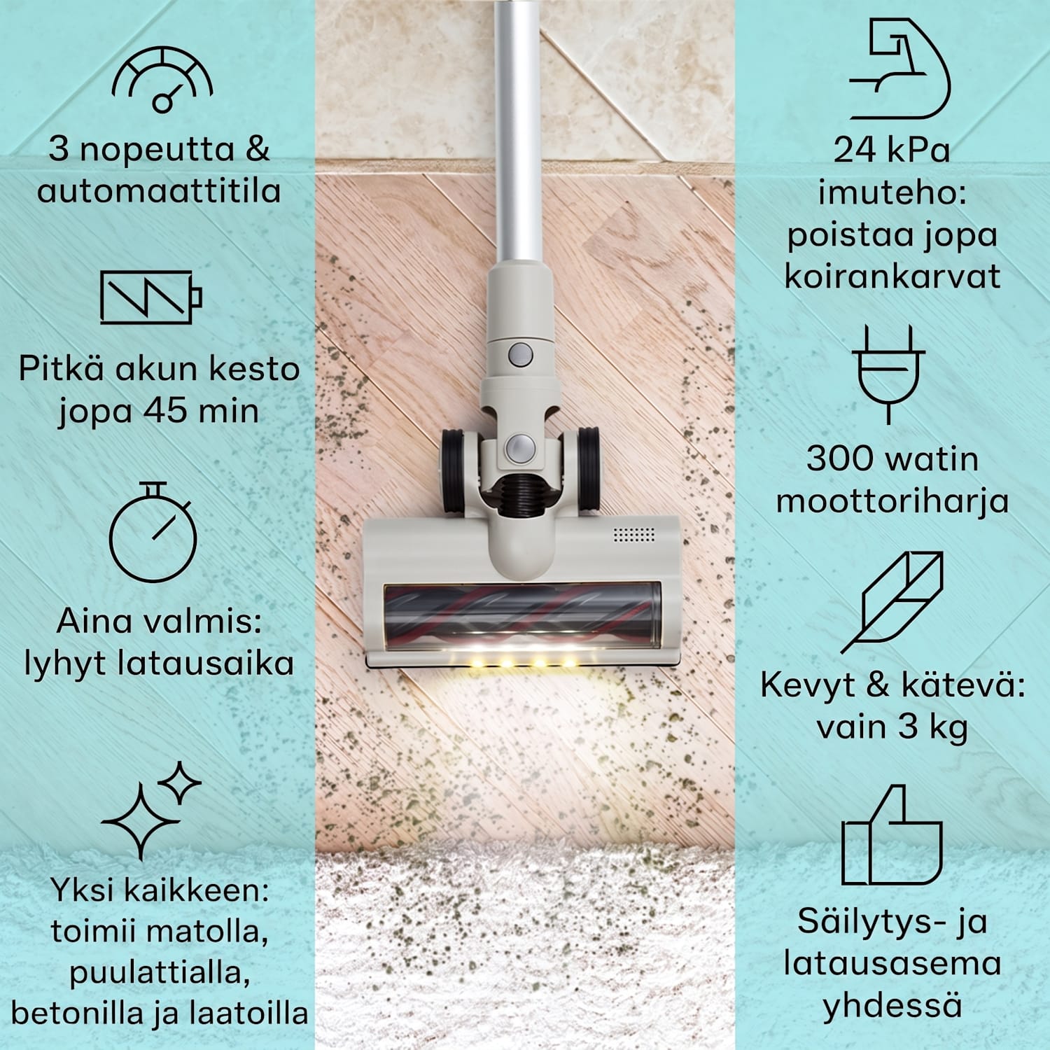 LARMA johdoton pölynimuri, pussiton, akulla, 45 min käyttöaika, maks. LED Hiekka