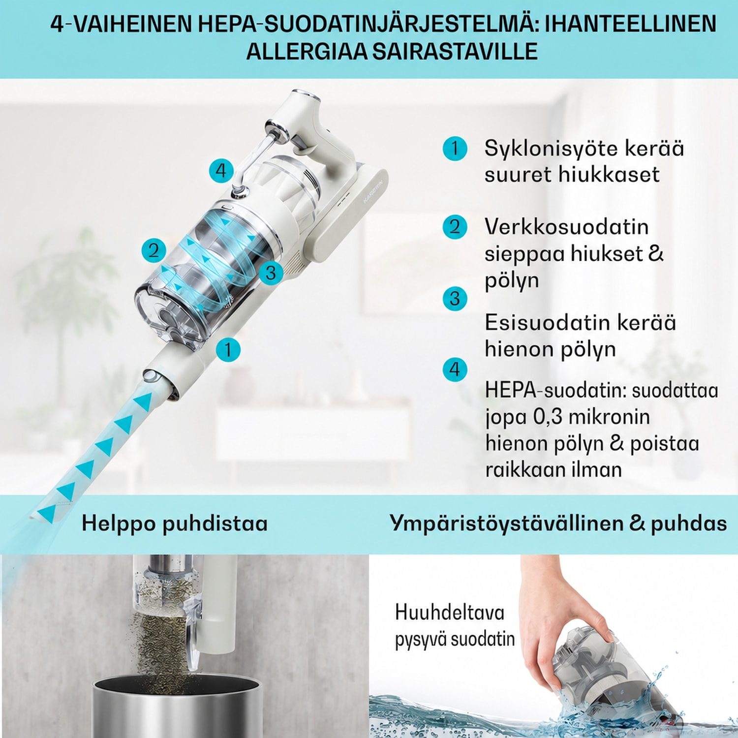 LARMA johdoton pölynimuri, pussiton, akulla, 45 min käyttöaika, maks. LED Hiekka