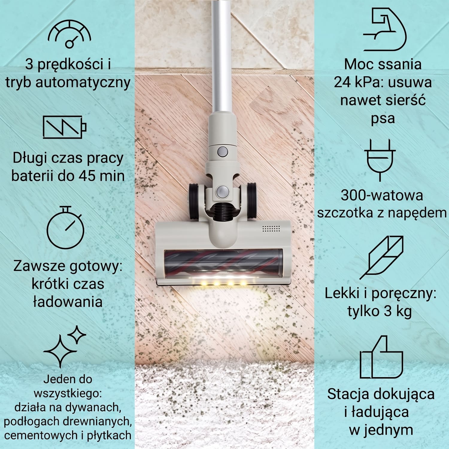 LARMA, odkurzacz bezprzewodowy, pionowy, bezworkowy, akumulator, LED, maks. czas pracy 45 min. Piasek