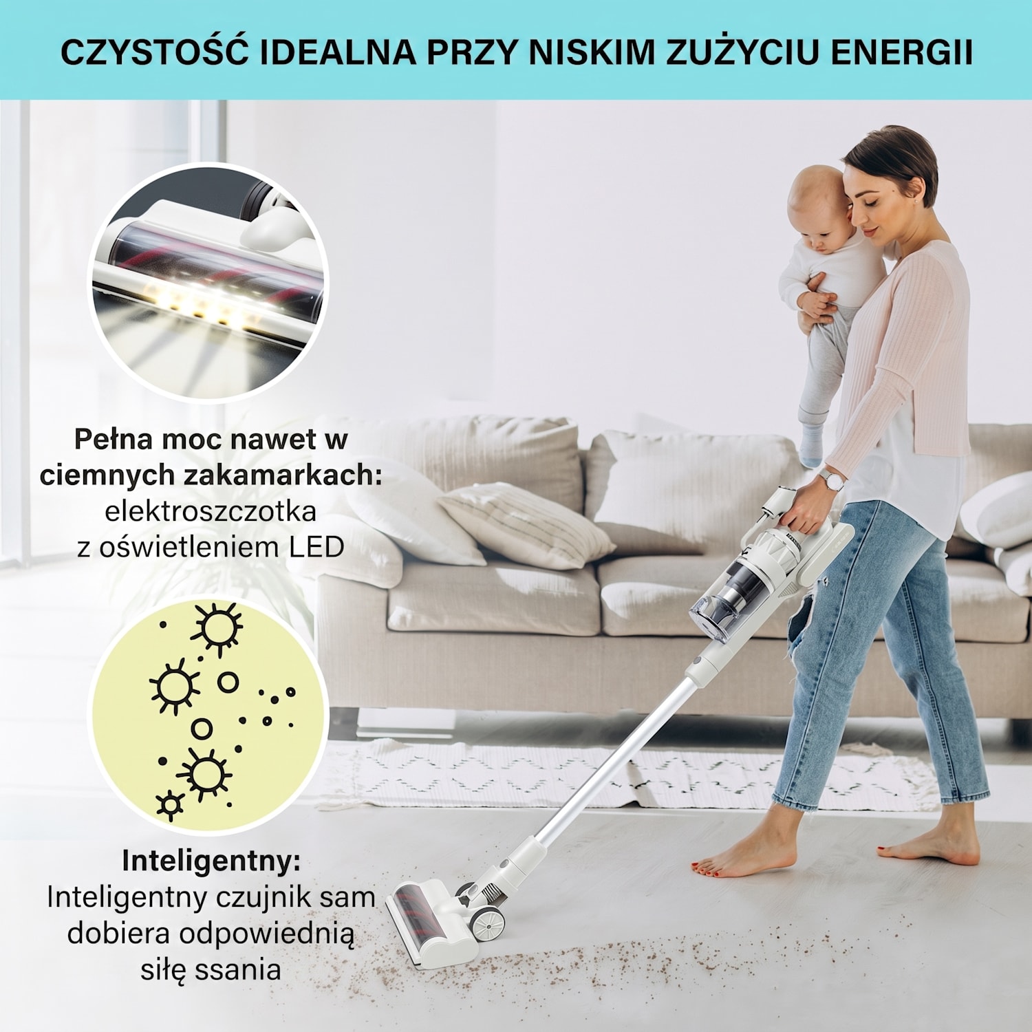 LARMA, odkurzacz bezprzewodowy, pionowy, bezworkowy, akumulator, LED, maks. czas pracy 45 min. Piasek