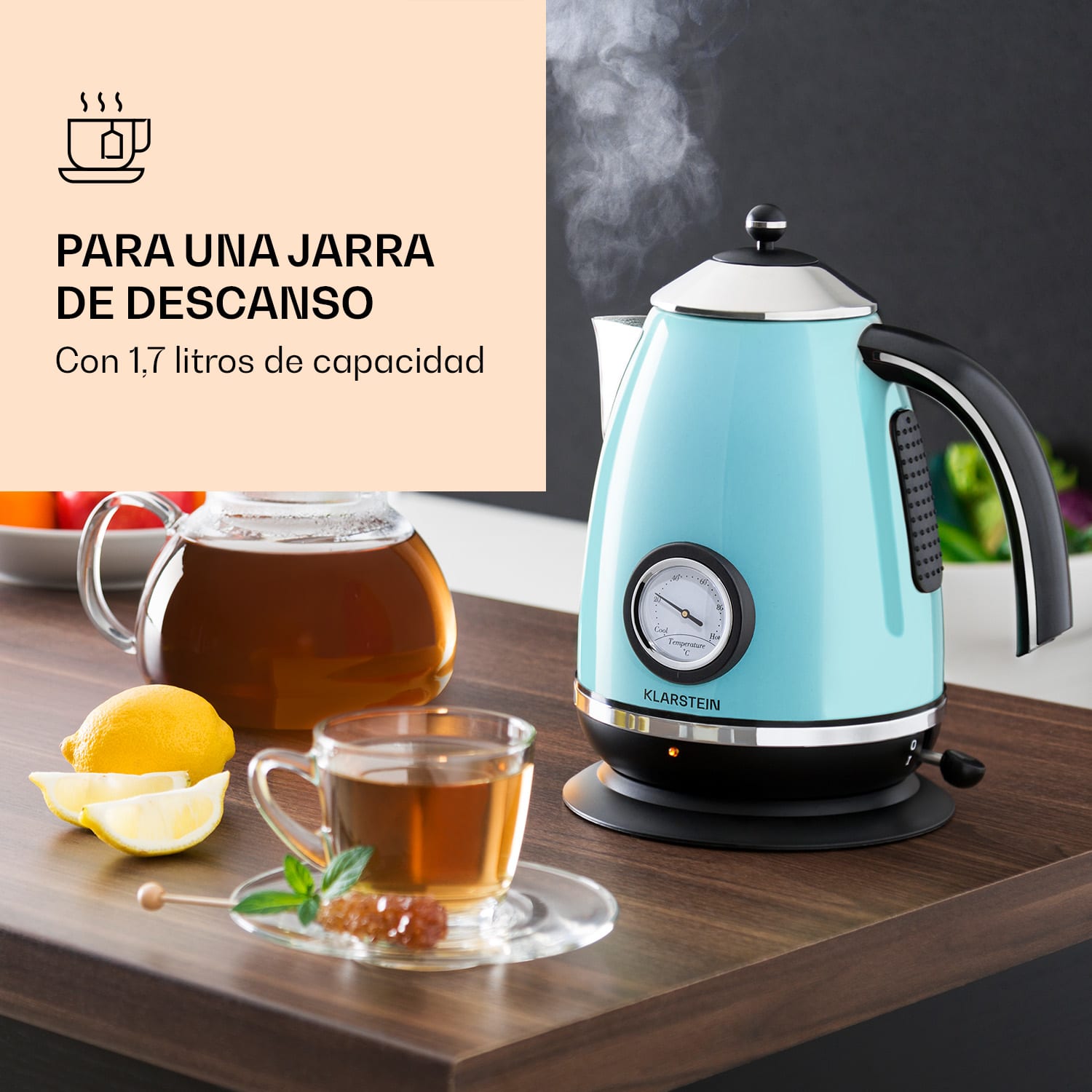 Hervidor de agua Aquavita Chalet 1.7 litros 2200 vatios indicador de temperatura acero inoxidable  Aguamarina