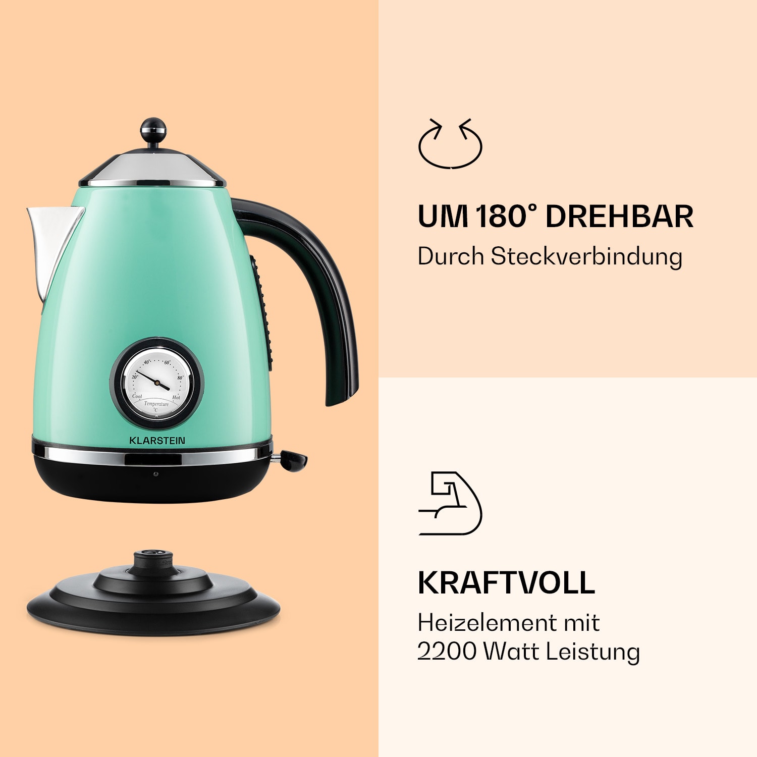 Aquavita Chalet Wasserkocher 1,7 Liter 2200 Watt Temperaturanzeige Edelstahl  Mintgrün