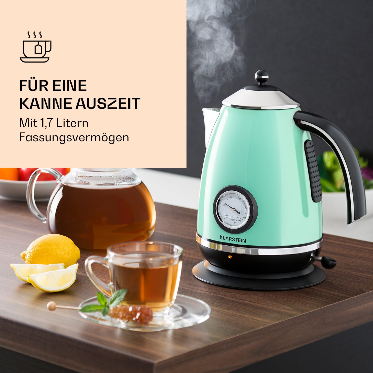 Aquavita Chalet Wasserkocher 1,7 Liter 2200 Watt Temperaturanzeige Edelstahl  Mintgrün