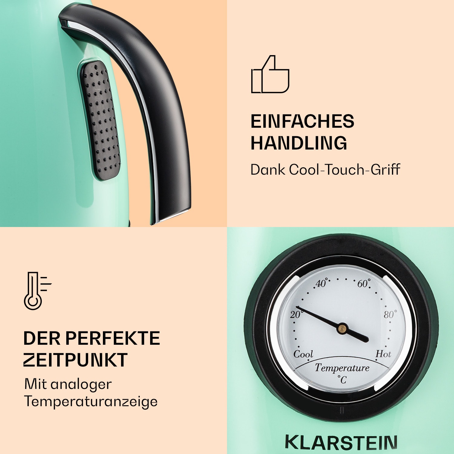 Aquavita Chalet Wasserkocher 1,7 Liter 2200 Watt Temperaturanzeige Edelstahl  Mintgrün