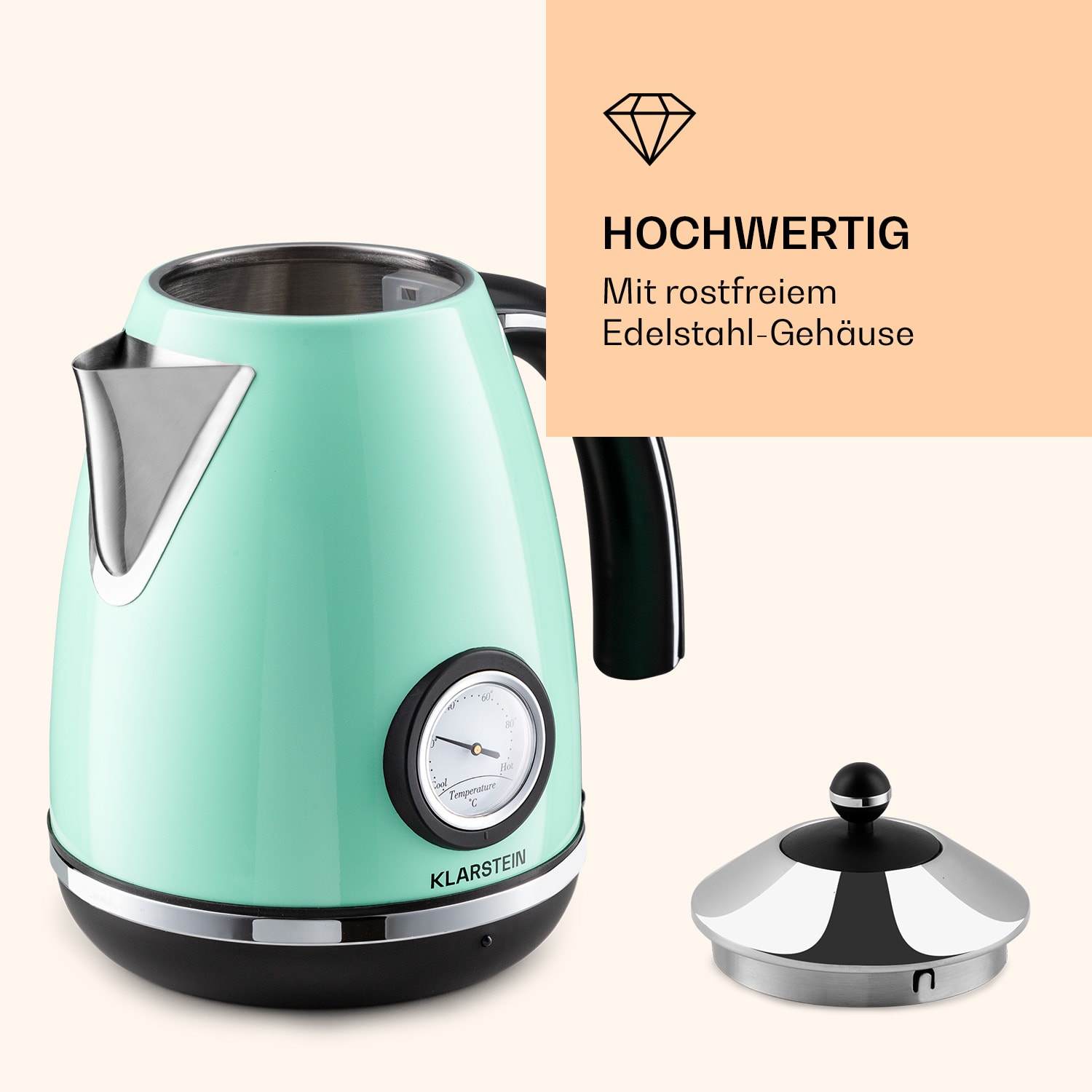 Aquavita Chalet Wasserkocher 1,7 Liter 2200 Watt Temperaturanzeige Edelstahl  Mintgrün
