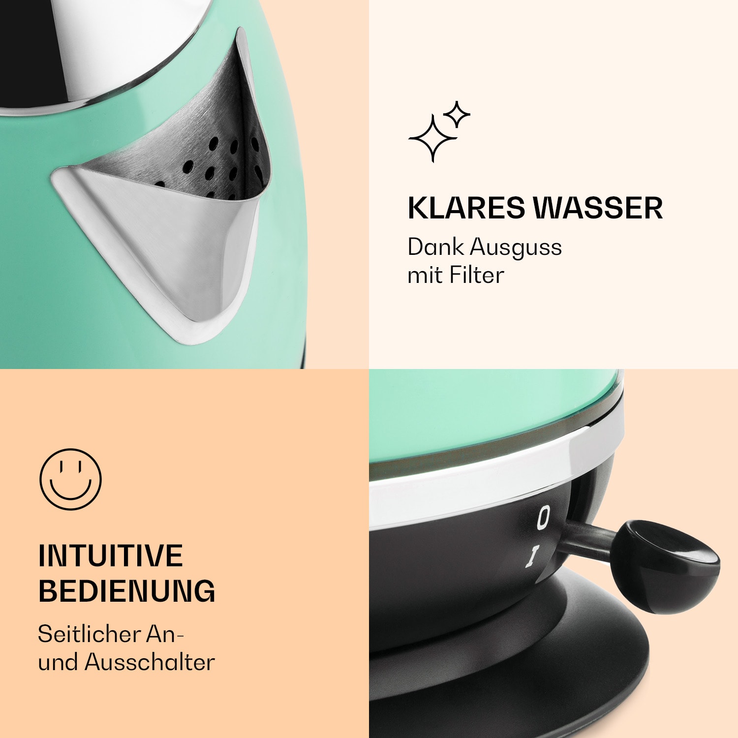 Aquavita Chalet Wasserkocher 1,7 Liter 2200 Watt Temperaturanzeige Edelstahl  Mintgrün