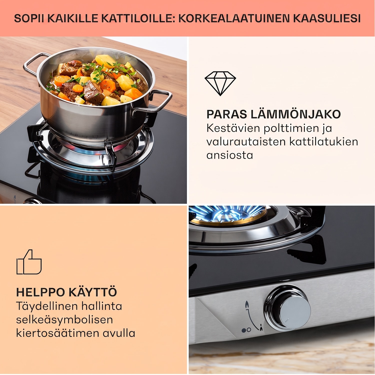 Barzona 2 -retkikeitin 2 poltinta 3,4 kW & 4,3 kW lasitaso & ruostumattomasta teräksestä valmistettu kuori G30 / 50 mbar | 2 poltinta | Musta