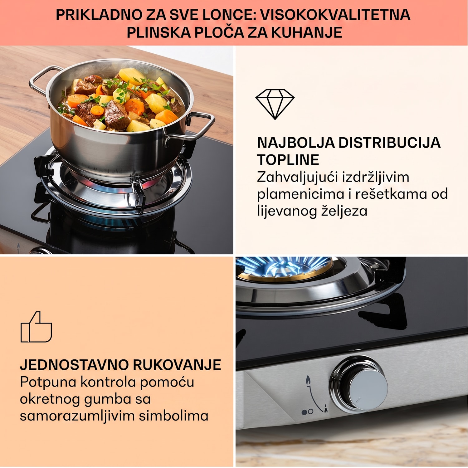 Barzona 2, štednjak za kampiranje, 2 plamenika, 3,4 kW i 4,3 kW, staklena ploča i poklopac od nehrđajućeg čelika G30 / 50 mbar | 2 plamenika | Crna
