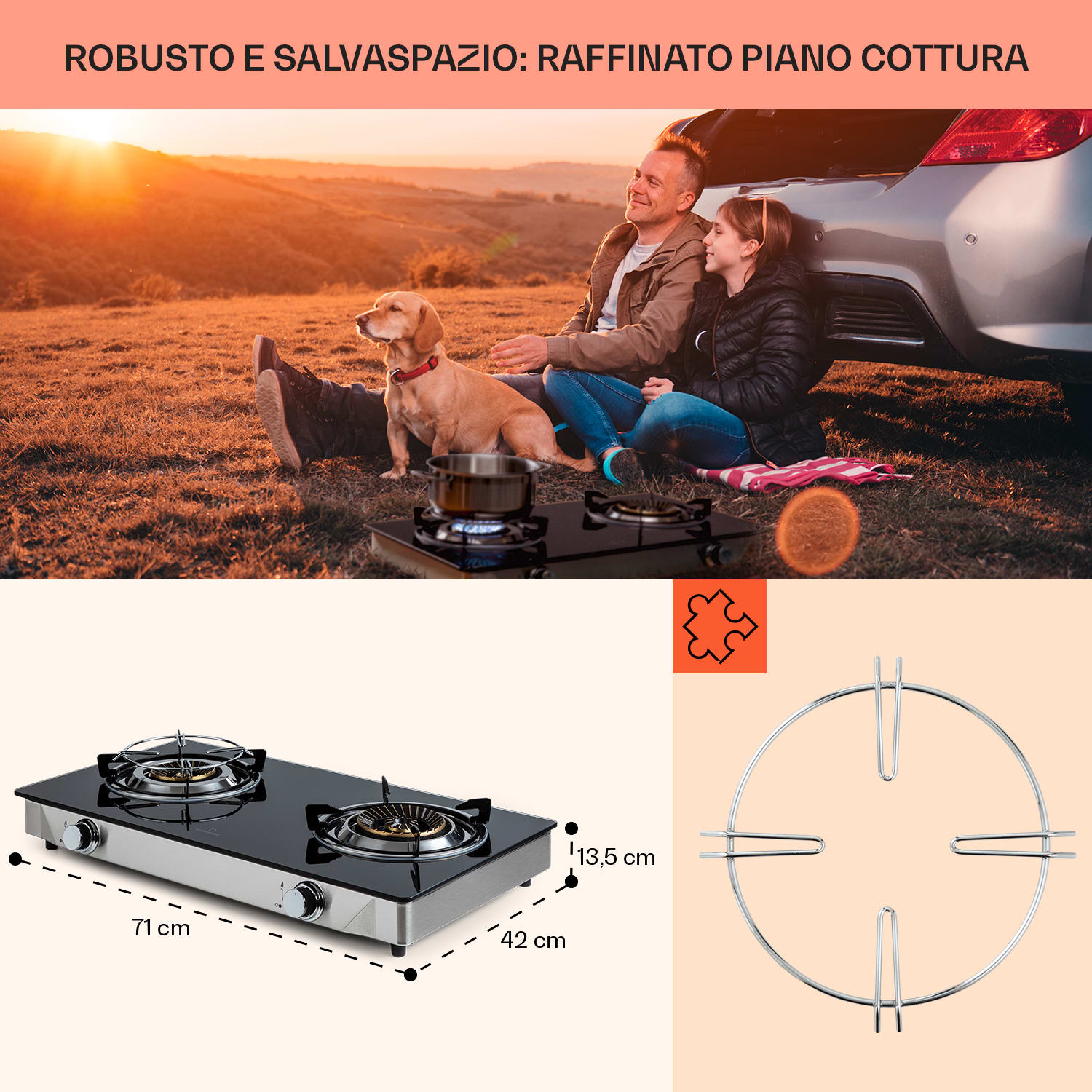 Barzona 2 fornello da campeggio, 2 bruciatori da 3,4 kW e 4,3 kW, piano in vetro e alloggiamento in acciaio inossidabile 
