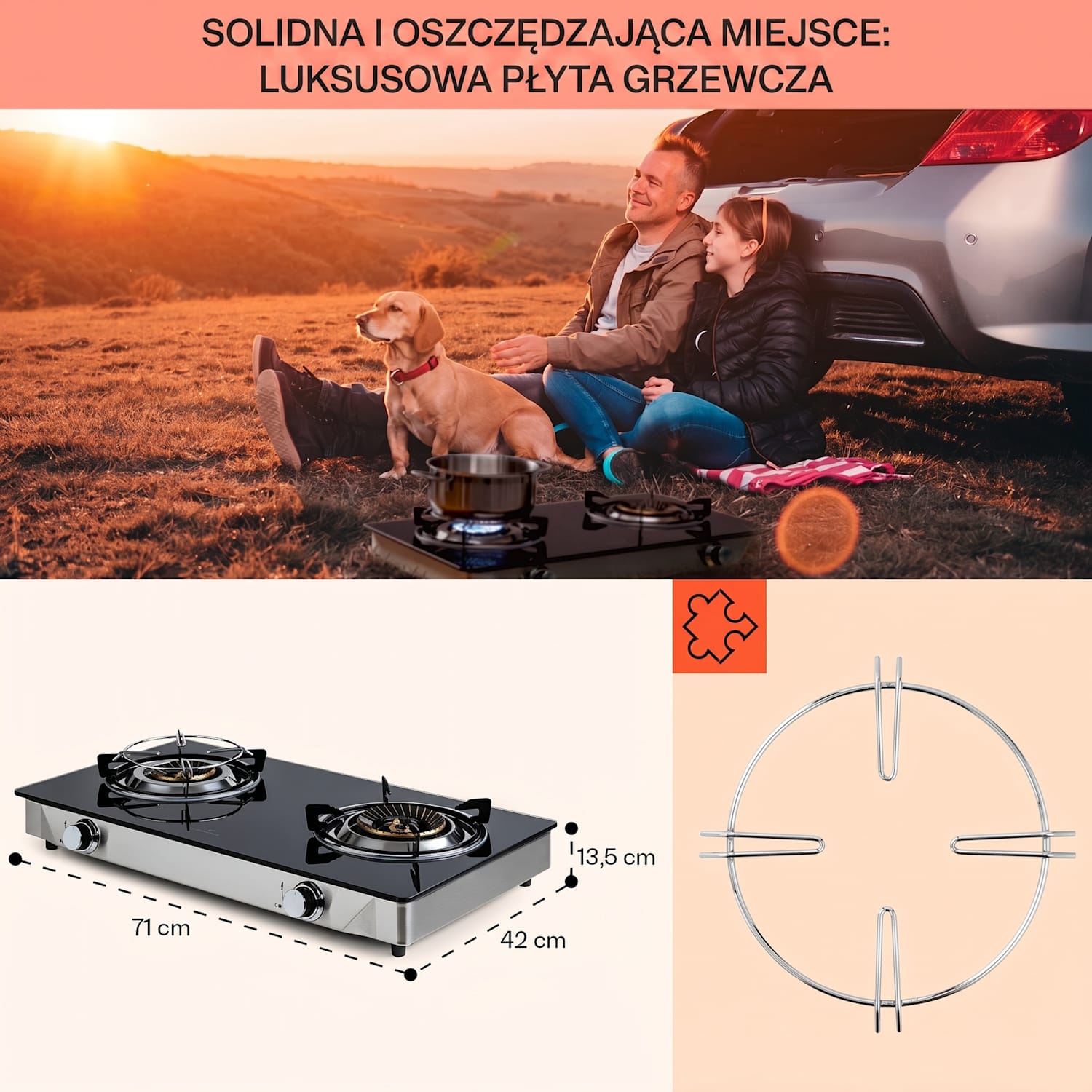 Barzona 2, przenośna kuchenka gazowa, turystyczna, 2 palniki 3,4 kW i 4,3 kW, szklana płyta, obudowa ze stali nierdzewnej G30 / 50 mbar | 2 palniki | Czarny