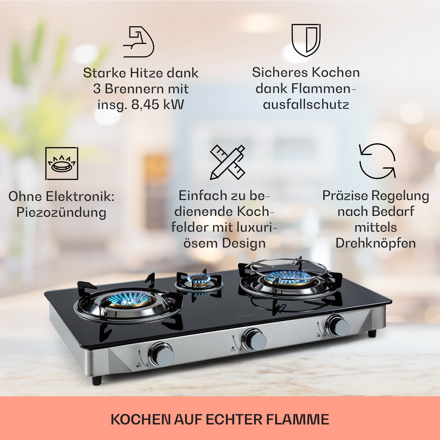 Réchaud de camping Barzona 3 3 brûleurs 3,4 kW & 0,75 kW & 4,3 kW Plaque en verre & boîtier en acier inoxydable G30 / 50 mbar | 3 brûleur | Noir