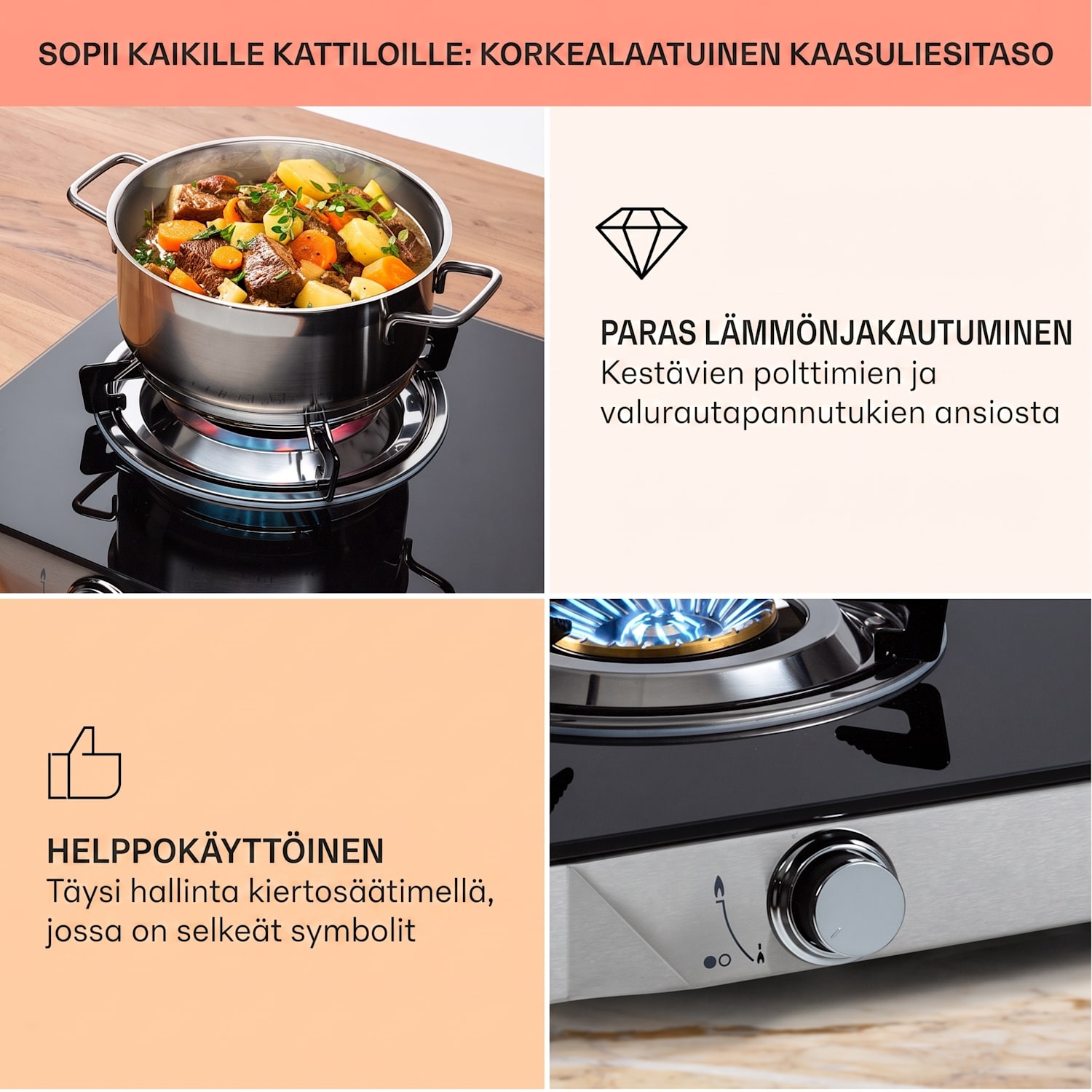 Barzona 3 -retkikeitin 3 poltinta 3,4 kW & 0,75 kW & 4,3 kW lasitaso & ruostumattomasta teräksestä valmistettu kuori G30 / 50 mbar | 3 poltin | Musta