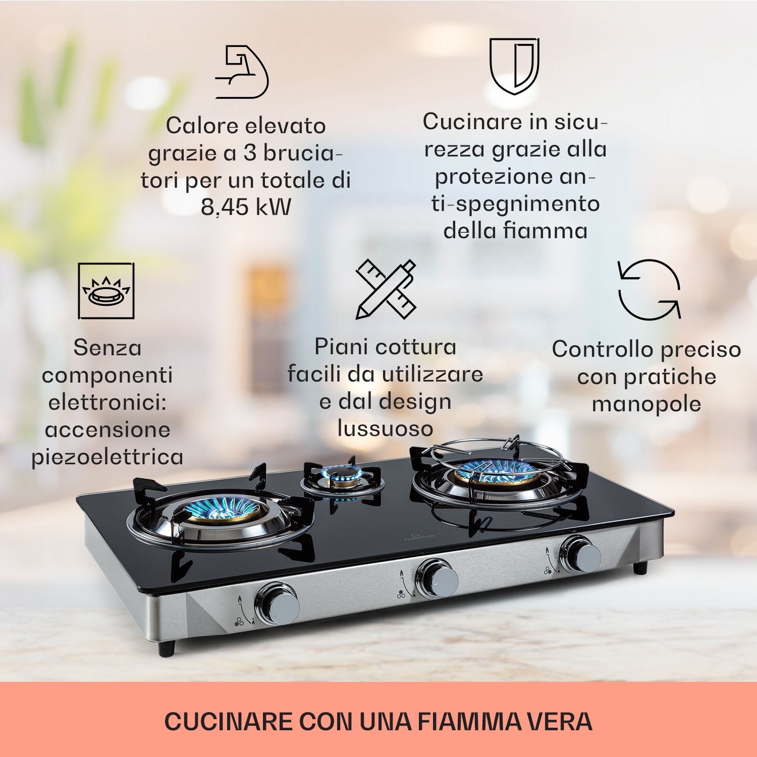 Barzona 3 fornello da campeggio, 3 bruciatori da 3,4 kW, 0,75 kW e 4,3 kW, piano in vetro e alloggiamento in acciaio inossidabile G30 / 50 mbar | 3 Bruciatore | Nero