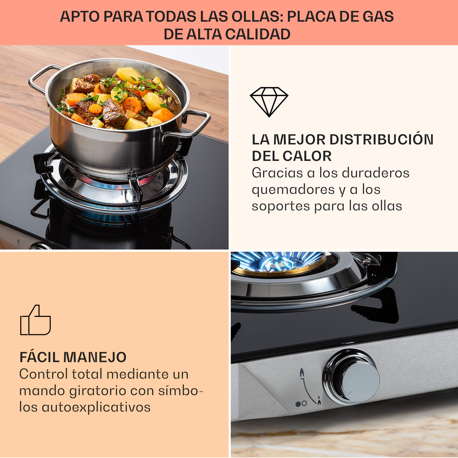 Barzona 3 hornillo de camping 3 quemadores 3,4 kW, 0,75 kW y 4,3 kW placa de vidrio y carcasa de acero inoxidable G31 / 30 mbar | 3 quemador | Negro