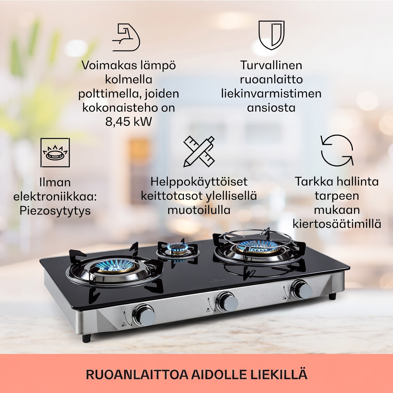 Barzona 3 -retkikeitin 3 poltinta 3,4 kW & 0,75 kW & 4,3 kW lasitaso & ruostumattomasta teräksestä valmistettu kuori G31 / 30 mbar | 3 poltin | Musta