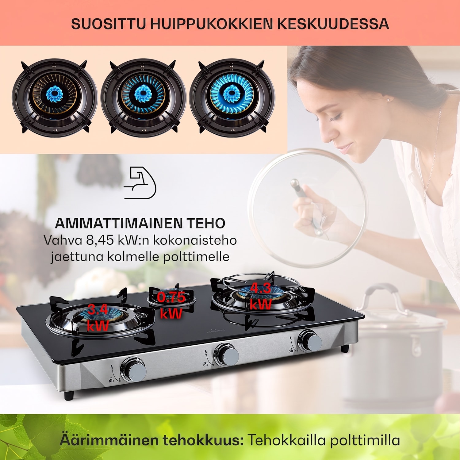 Barzona 3 -retkikeitin 3 poltinta 3,4 kW & 0,75 kW & 4,3 kW lasitaso & ruostumattomasta teräksestä valmistettu kuori G31 / 30 mbar | 3 poltin | Musta
