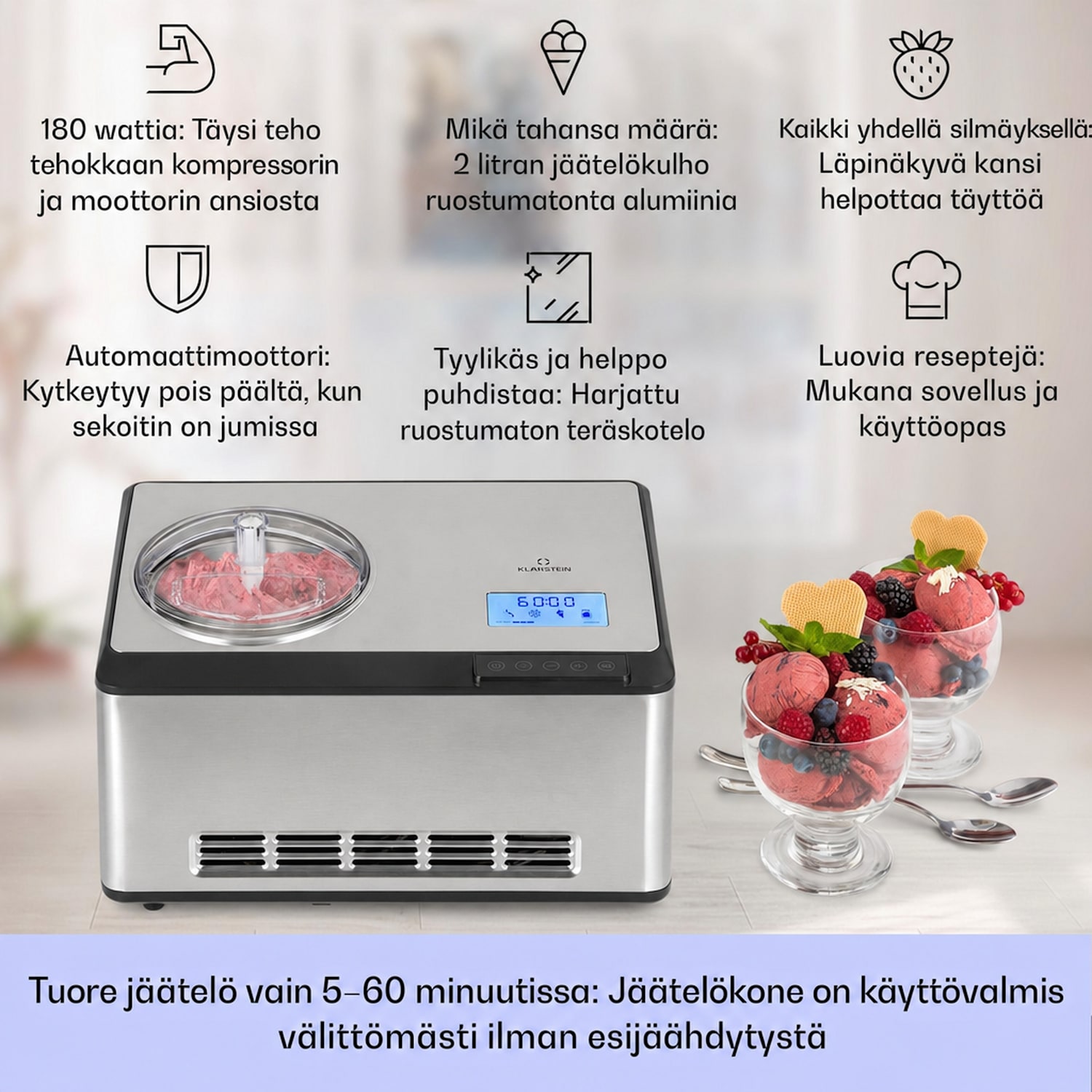 Dolce Bacio Smart jäätelökone jogurttikone kompressori 2 litraa WiFi kosketus ruostumaton teräs Kyllä