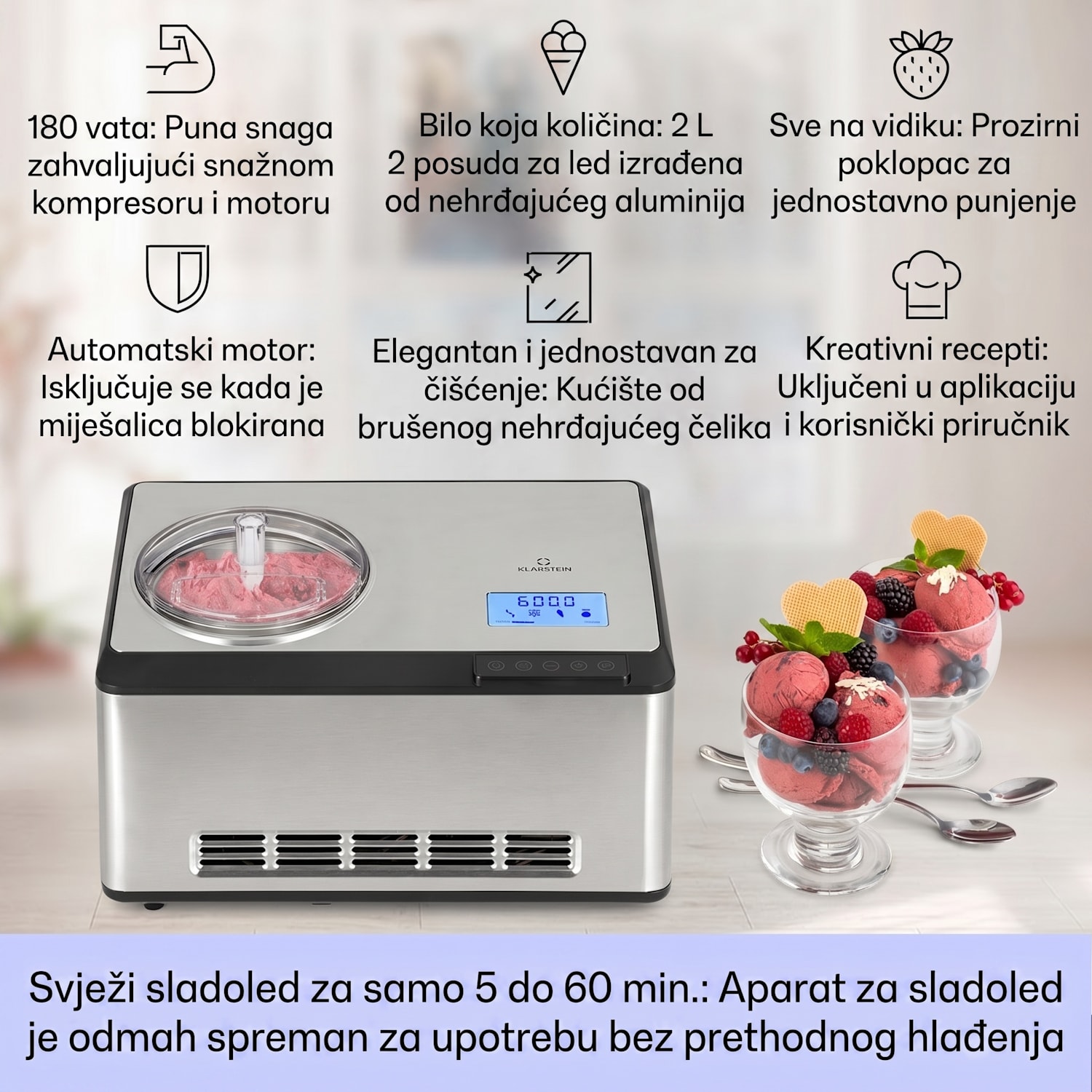 Dolce Bacio Smart, aparat za sladoled, aparat za jogurt, kompresor, 2 litre, WiFi, zaslon osjetljiv na dodir, nehrđajući čelik Da