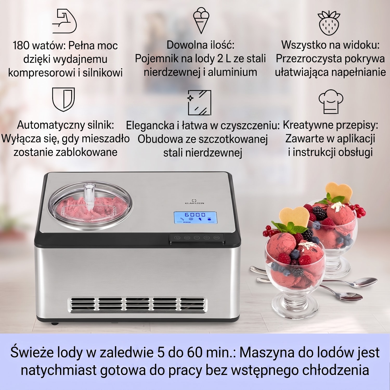 Dolce Bacio Smart, maszynka do lodów/jogurtownica, sprężarka, 2 l, Wi-Fi, sterowanie dotykowe, stal szlachetna Tak