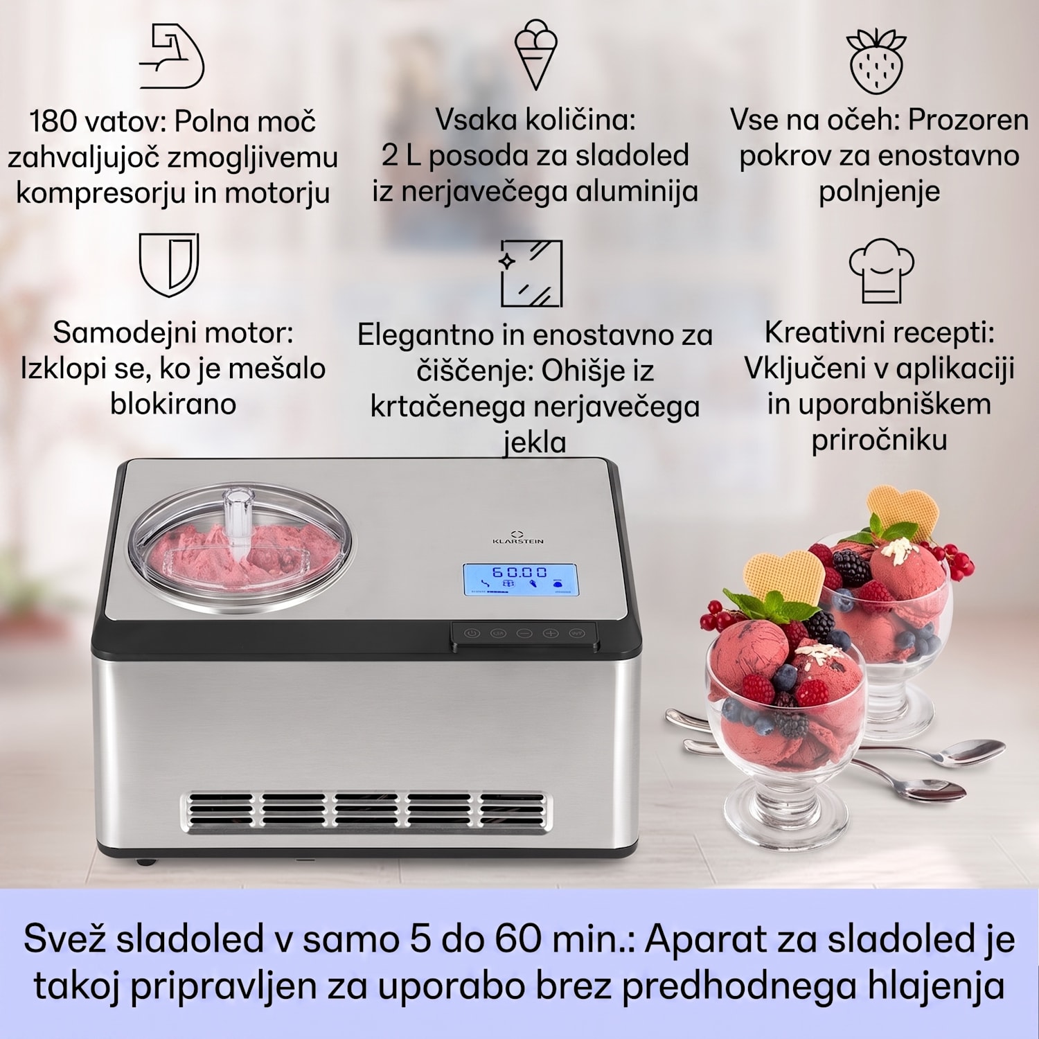 Dolce Bacio Smart, aparat za sladoled, aparat za jogurt, kompresor, 2 litra, WiFi, zaslon na dotik, nerjaveče jeklo Da