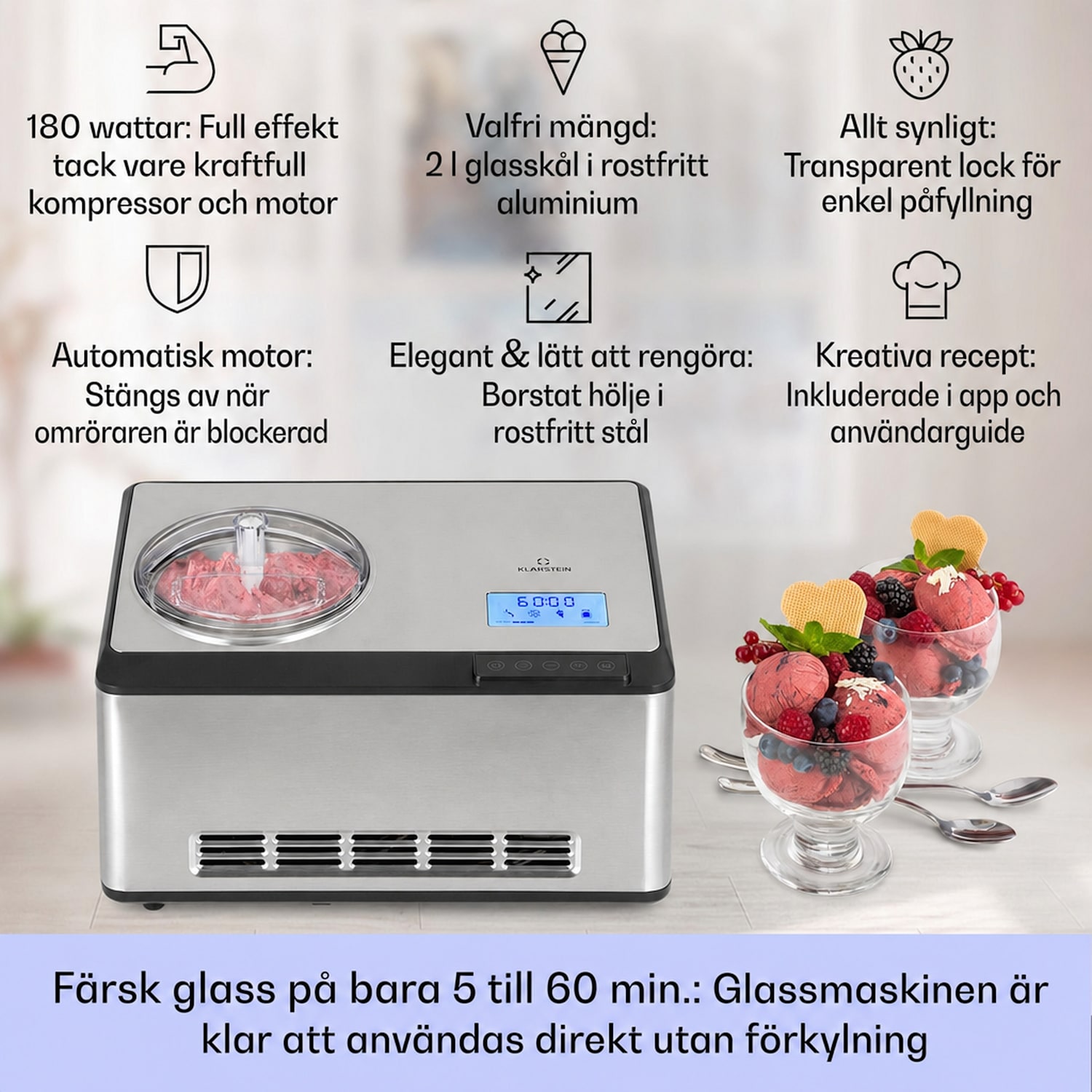 Dolce Bacio Smart glassmaskin med kompressor och yoghurtfunktion 2 liter wifi touch rostfritt stål Ja