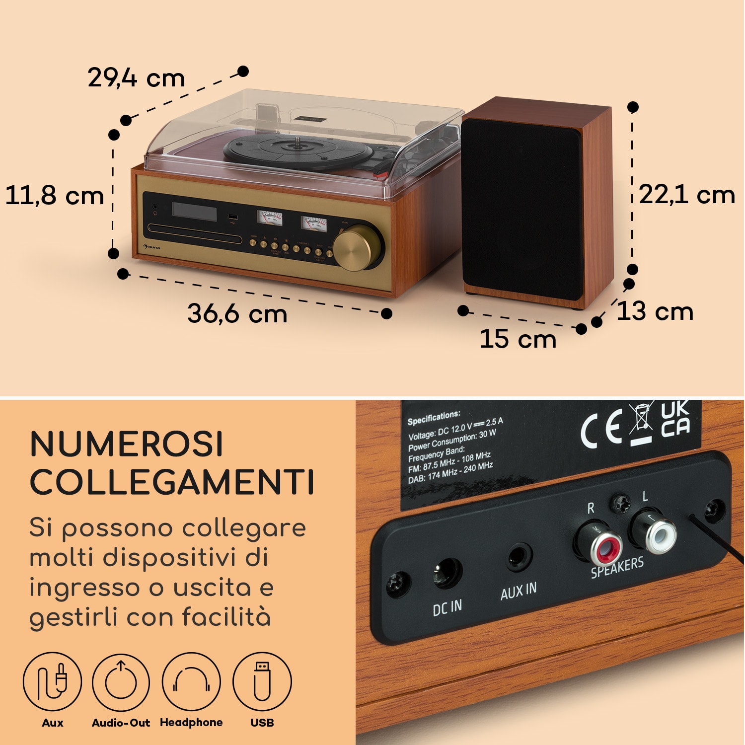Oxford SE mini impianto stereo, DAB+/FM, funzione BT, vinile, CD, AUX-In 