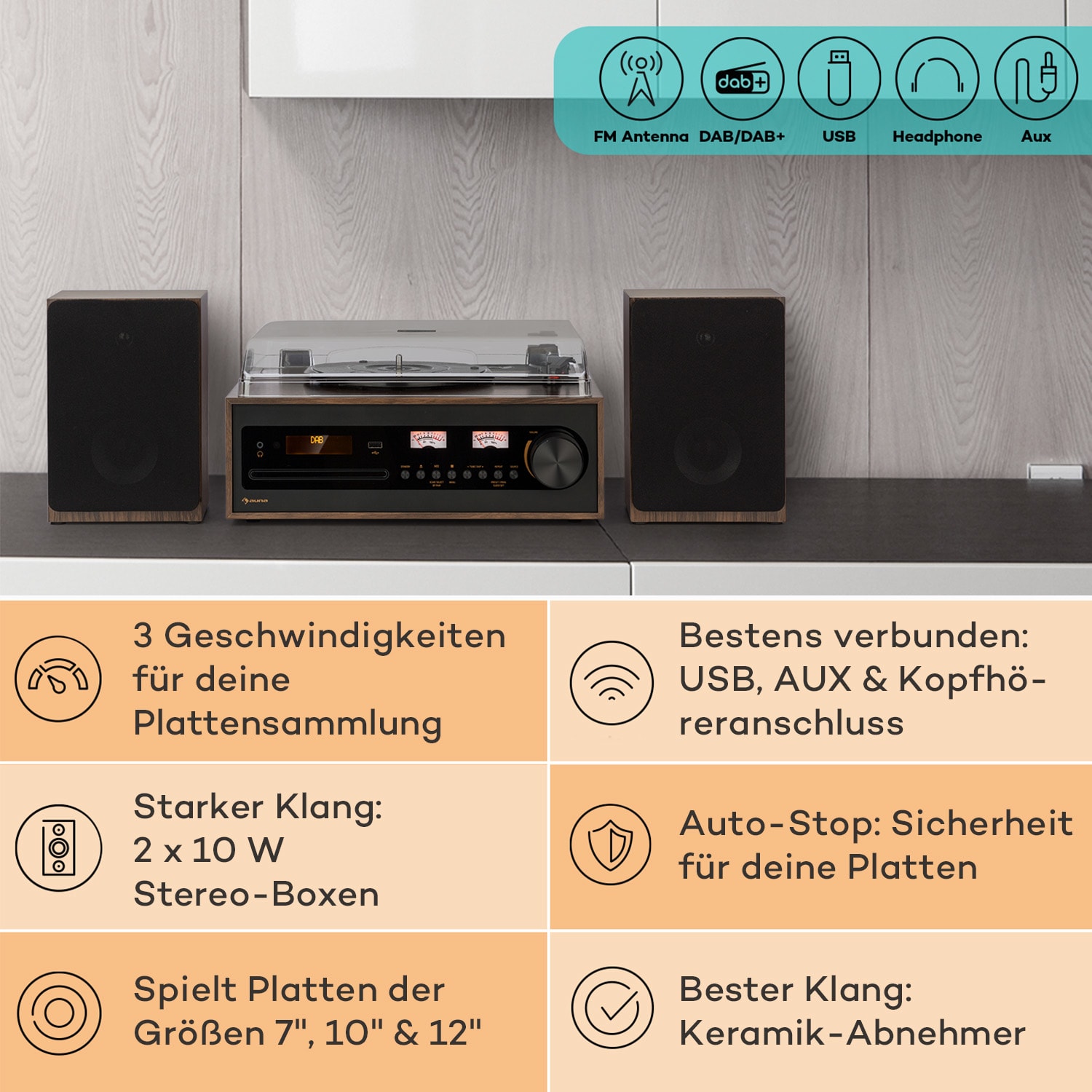 Oxford SE Mini-Stereoanlage DAB+/FM BT-Funktion Vinyl CD AUX-In 