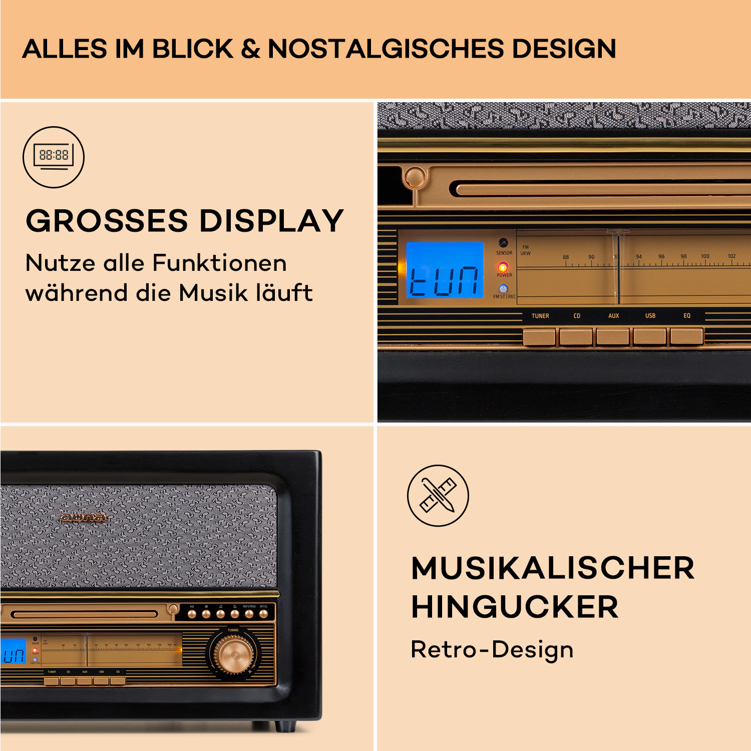 Belle Epoque 1906 Retro-Stereoanlage CD FM USB MP3 REC AUX  Schwarz