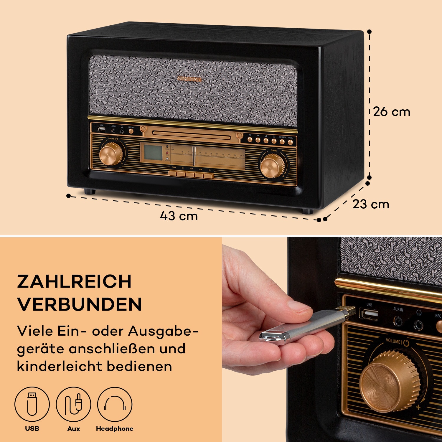Belle Epoque 1906 Retro-Stereoanlage CD FM USB MP3 REC AUX  Schwarz