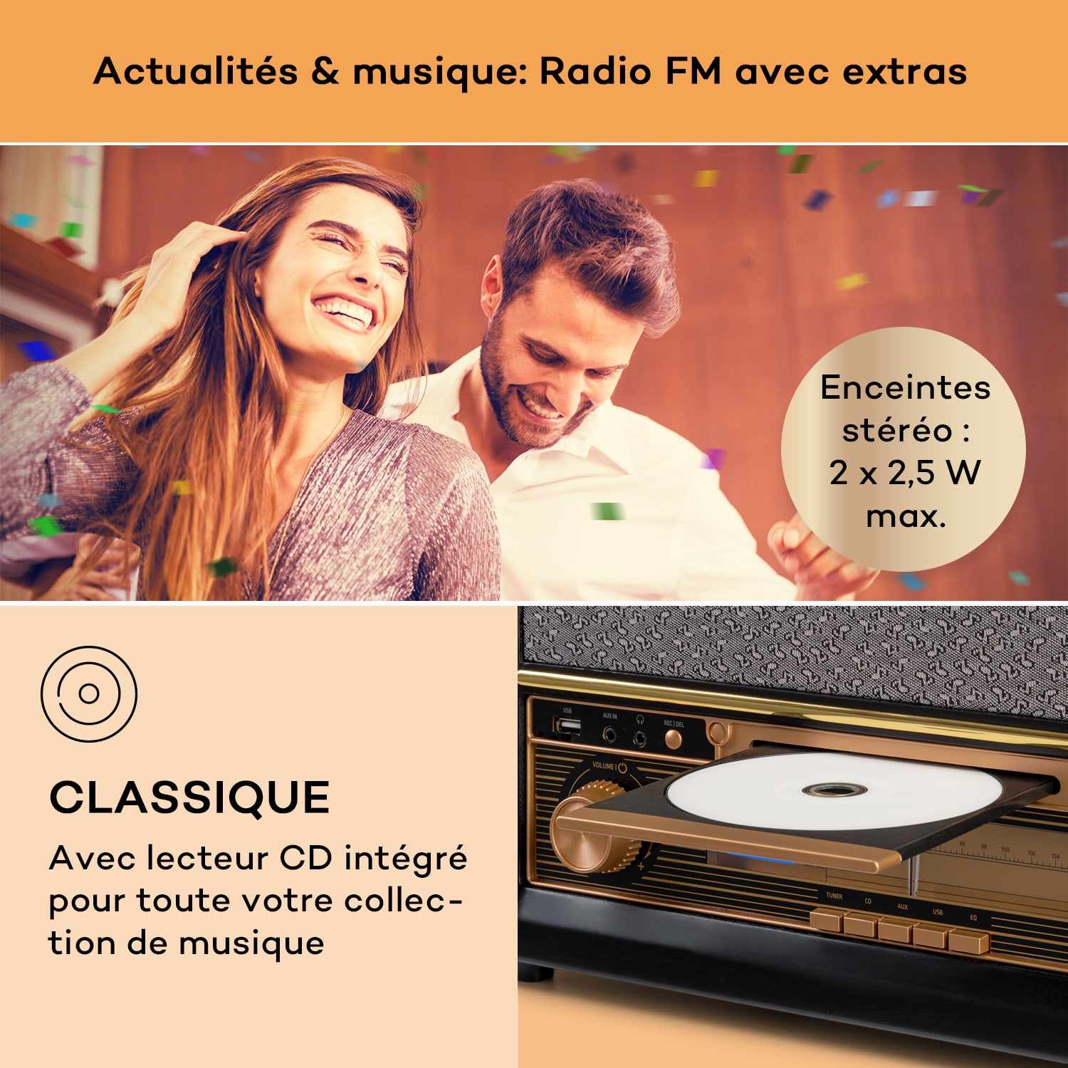 Belle Epoque 1906 retro stereo-installatie CD FM USB MP3 REC AUX  Zwart