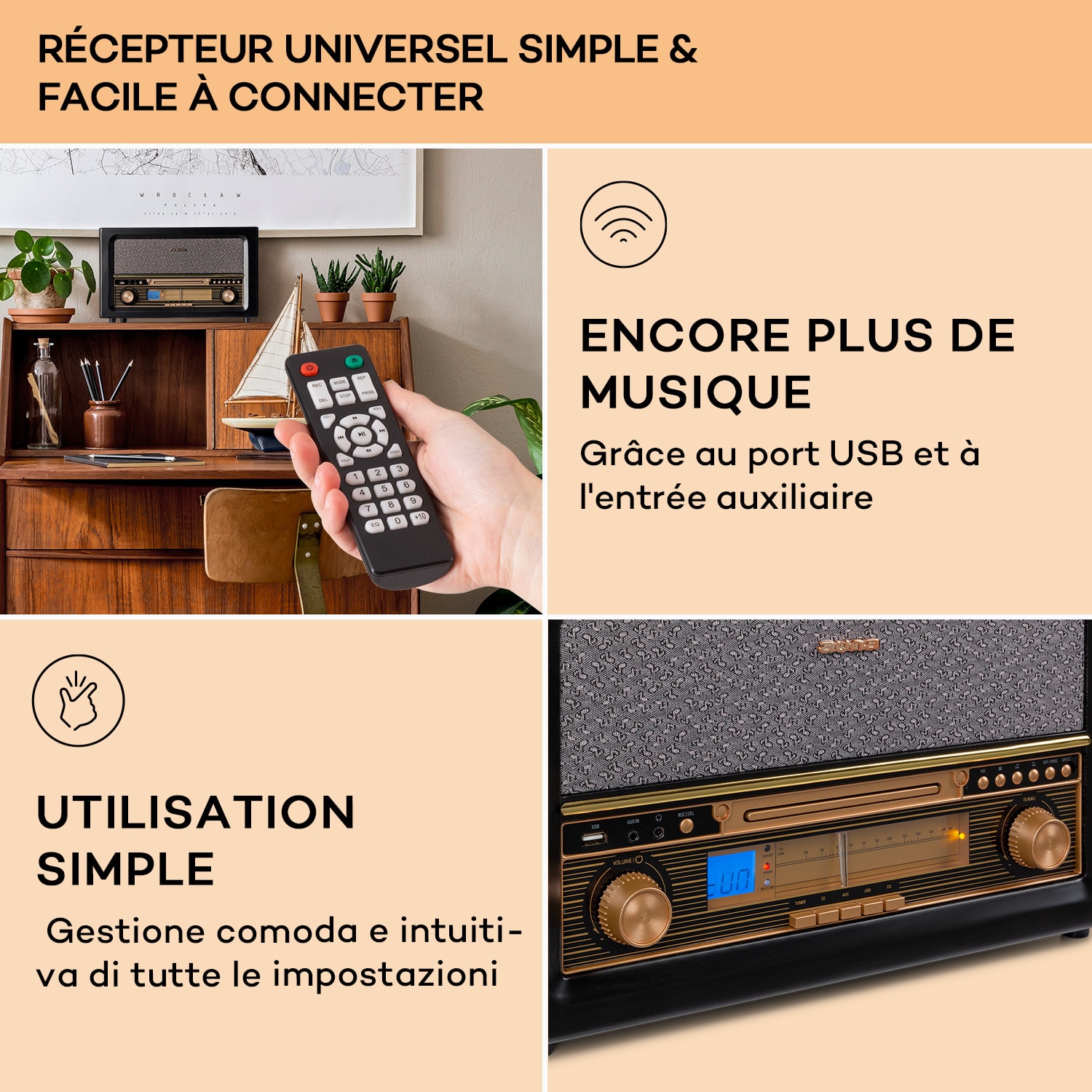 Belle Epoque 1906 retro stereo-installatie CD FM USB MP3 REC AUX  Zwart