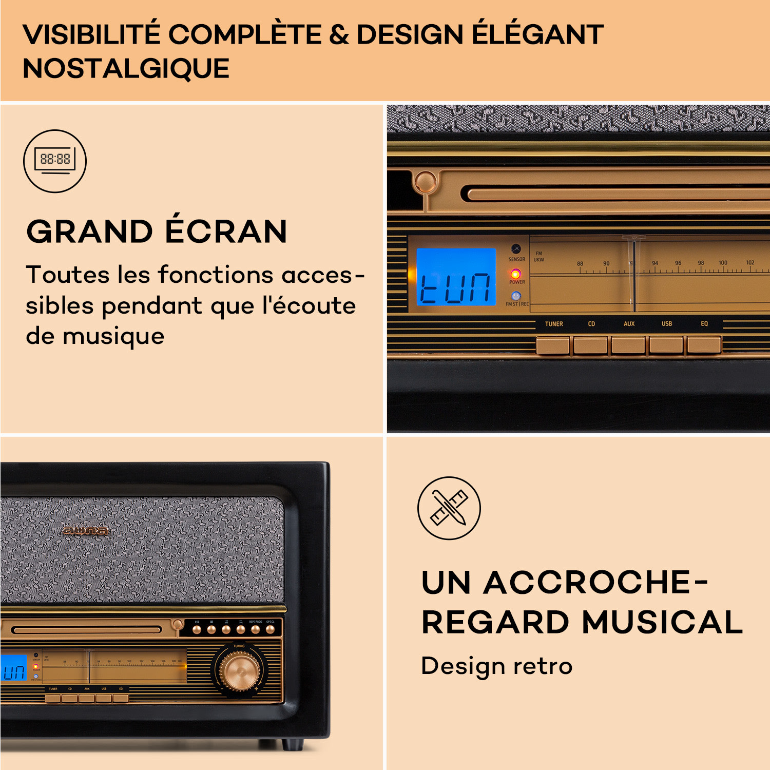 Belle Epoque 1906 retro stereo-installatie CD FM USB MP3 REC AUX  Zwart