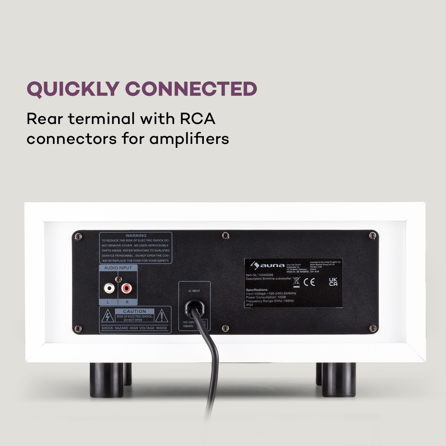 Line 501 Slim, subwoofer, bass reflex, aktívny, 80 W RMS, 50 - 100 Hz, 4 Ohm Biela