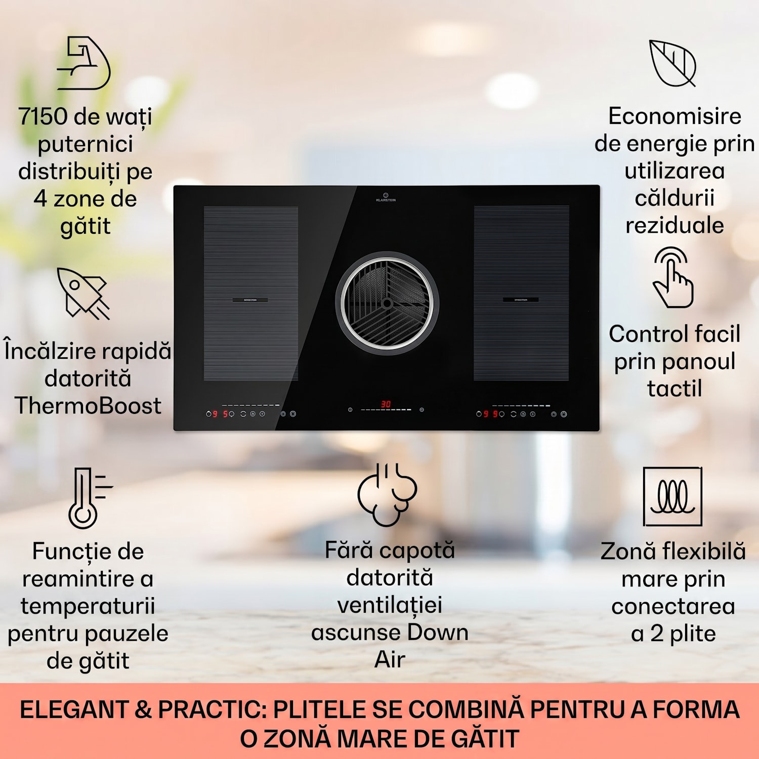 Full House Down Air System, aragaz cu inducție + DownAir - hotă, 655 m³/h, clasa de eficiență energetică A 