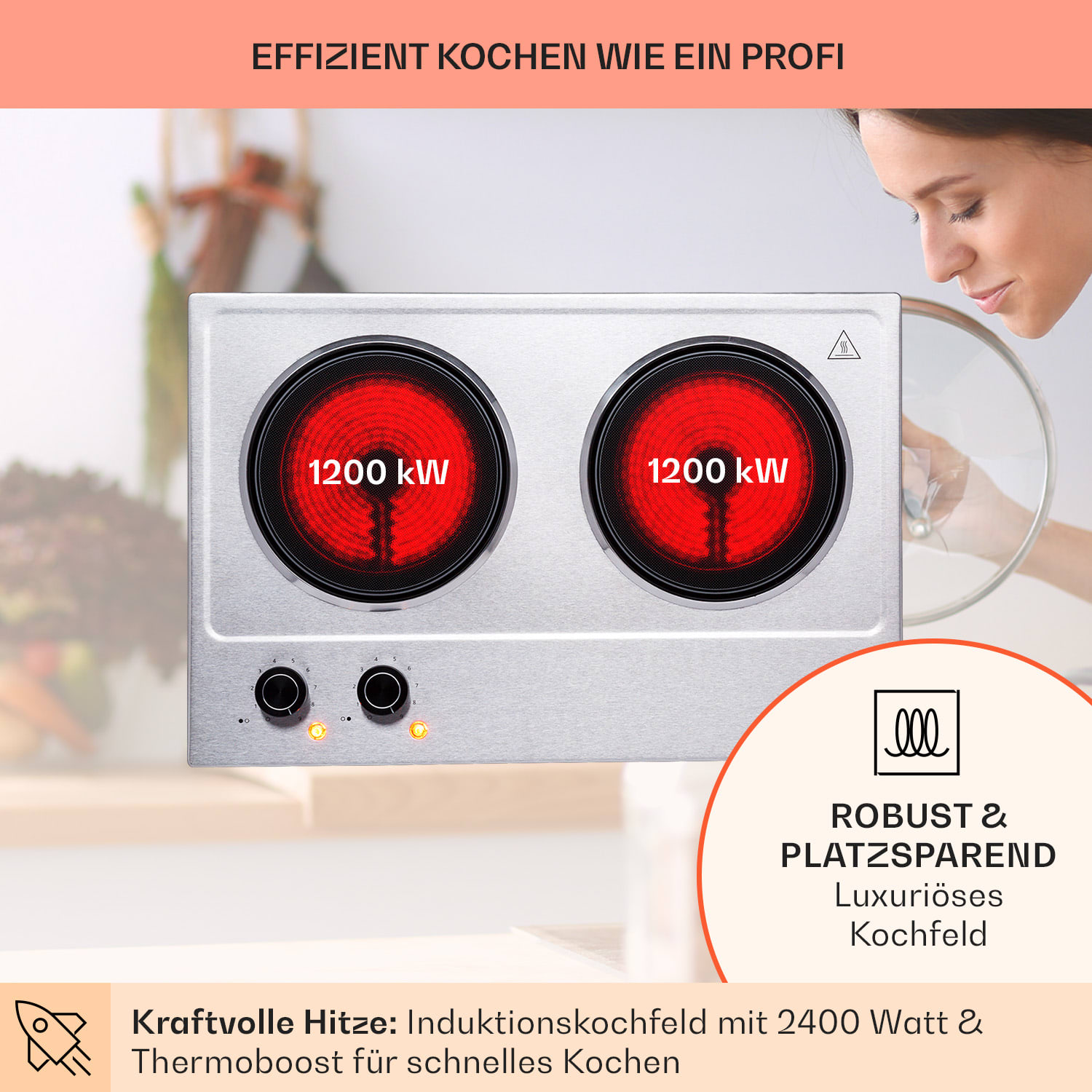 Ramsey Doppel-Kochfeld 2400W 11 Leistungsstufen Glaskeramik 
