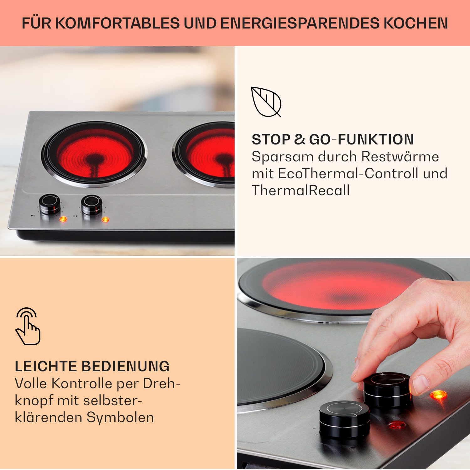 Ramsey Doppel-Kochfeld 2400W 11 Leistungsstufen Glaskeramik 