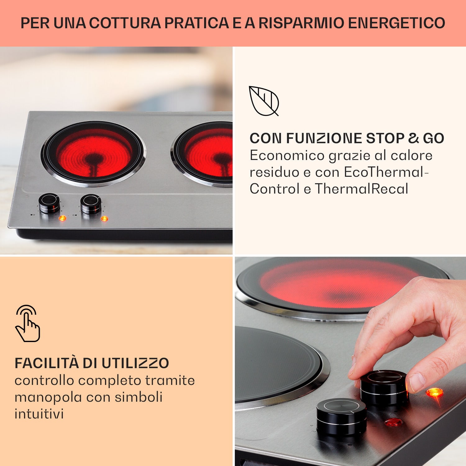 Ramsey piano cottura doppio, 2400W, 11 livelli di potenza, vetroceramica 