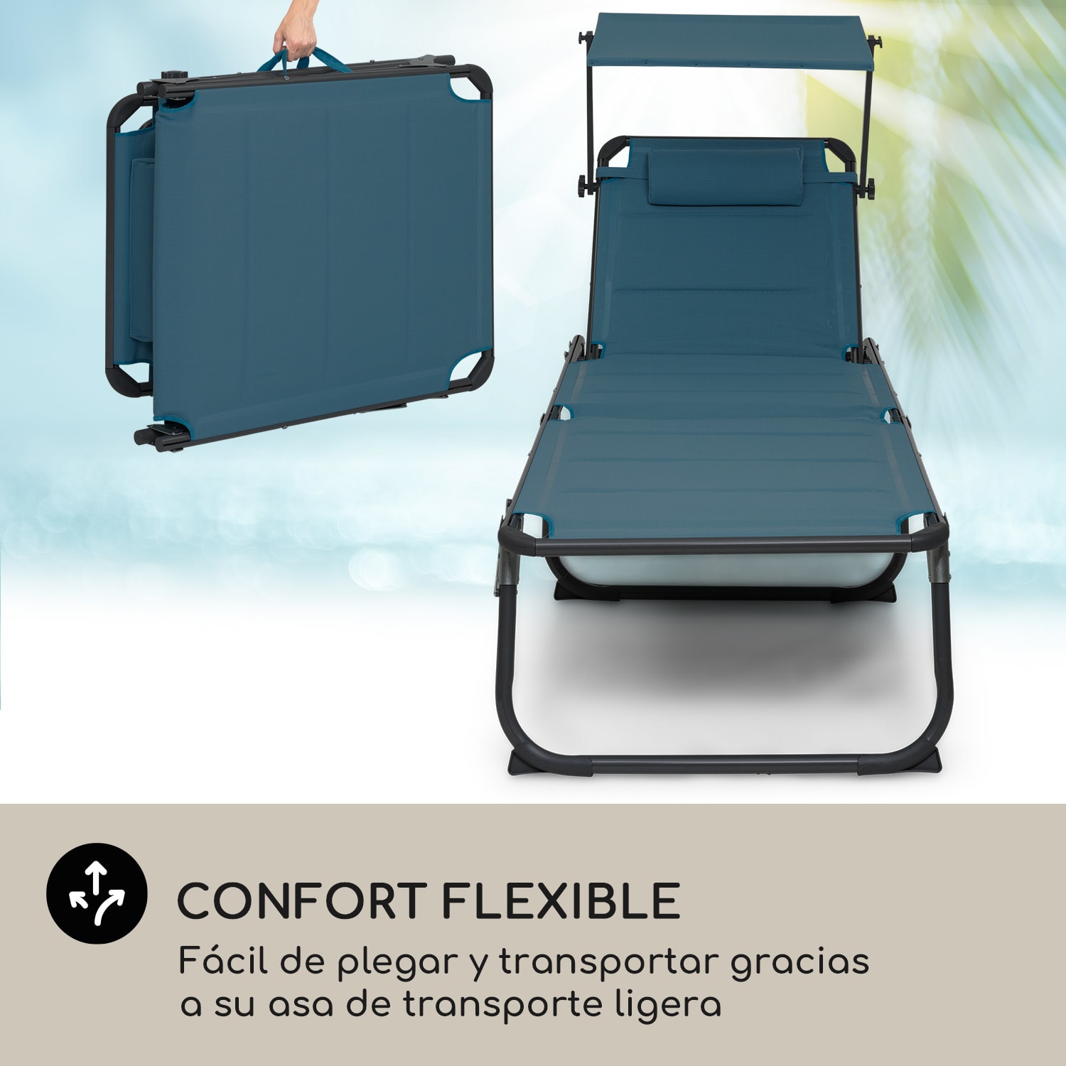 Tumbona Amalfi 70 x 37 x 200 cm Sombrilla de 5 peldaños Respaldo de acero tubular Resistente a la intemperie