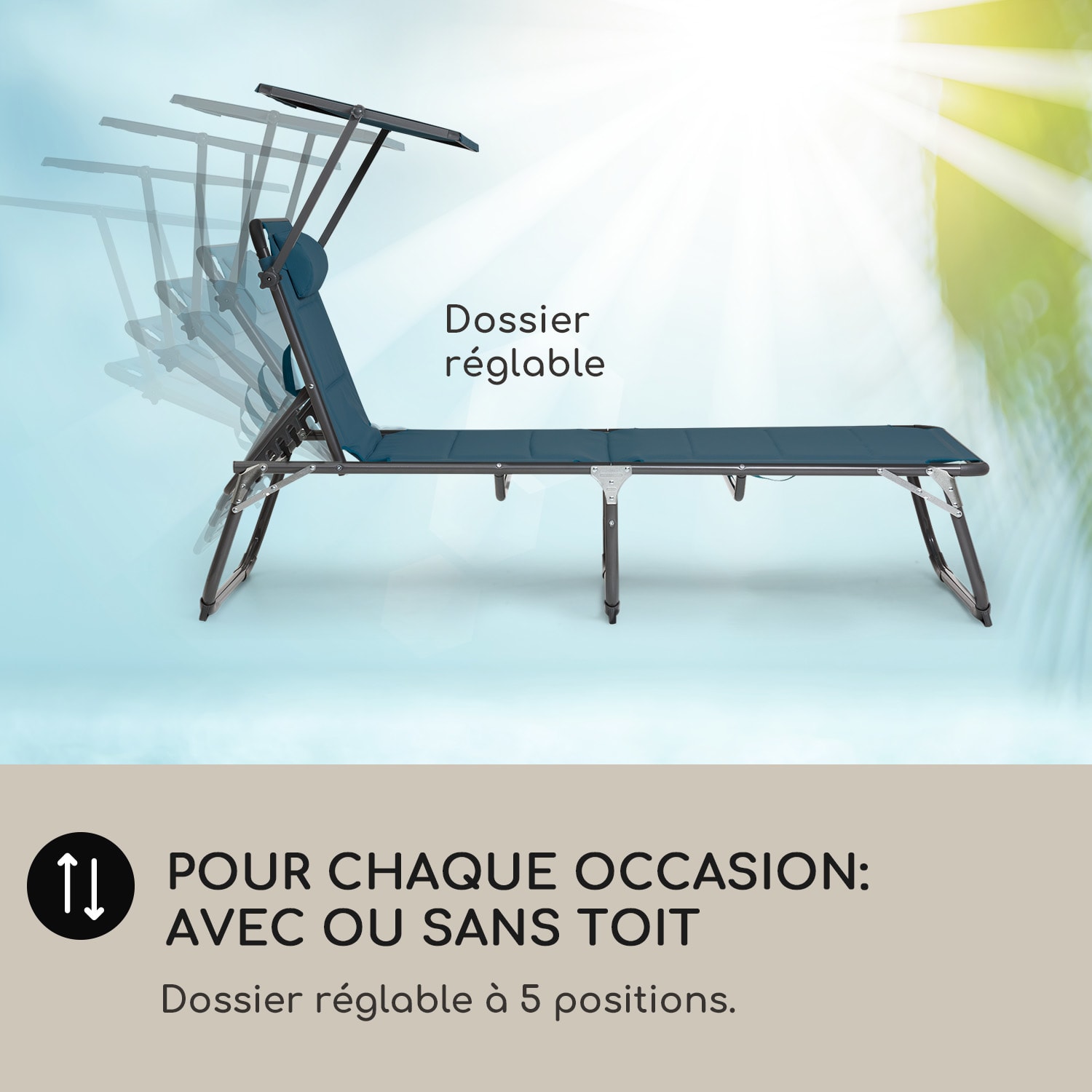 Amalfi chaise longue 70 x 37 x 200 cm Pare-soleil Dossier à 5 niveaux Tube d'acier résistant aux intempéries