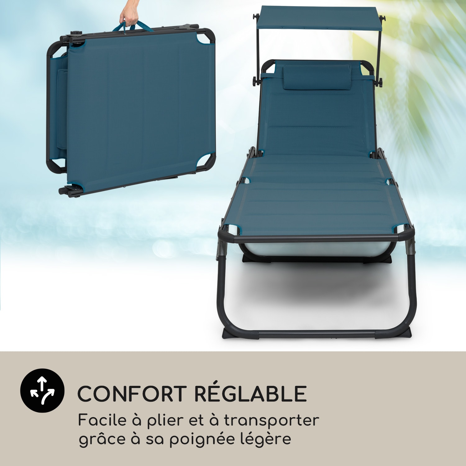 Amalfi chaise longue 70 x 37 x 200 cm Pare-soleil Dossier à 5 niveaux Tube d'acier résistant aux intempéries