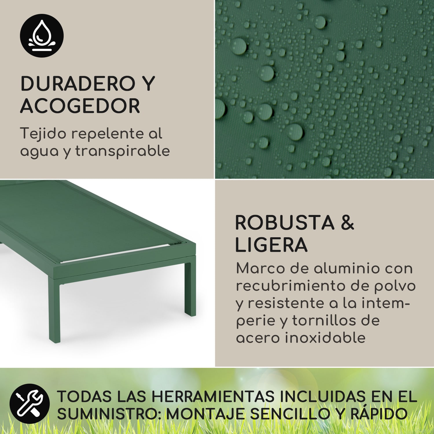 Tumbona Lucca Poliéster Aluminio 4 posiciones Musgo Oscuro