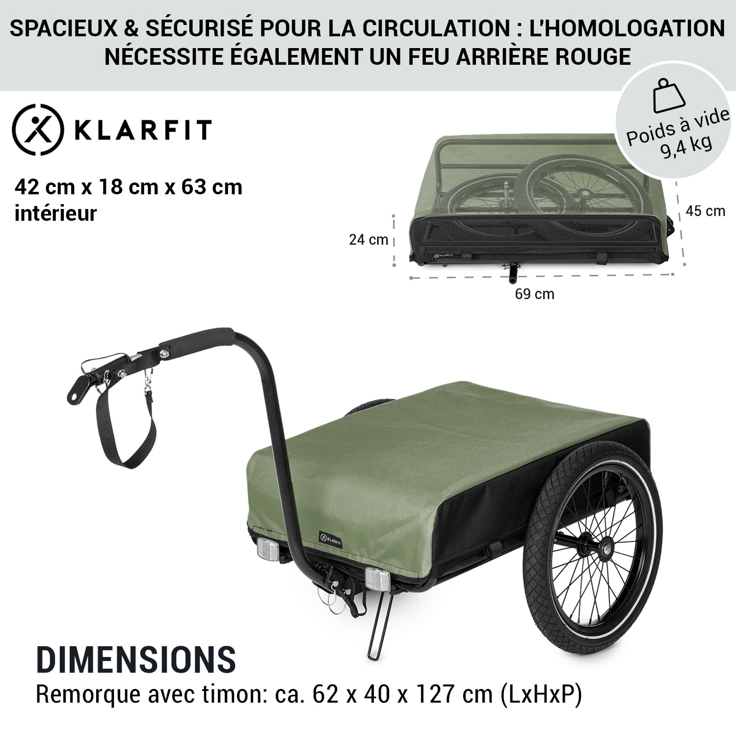 Companion Remorque de vélo 40 kg / 50L Chariot à main Pneus 16" Noir 