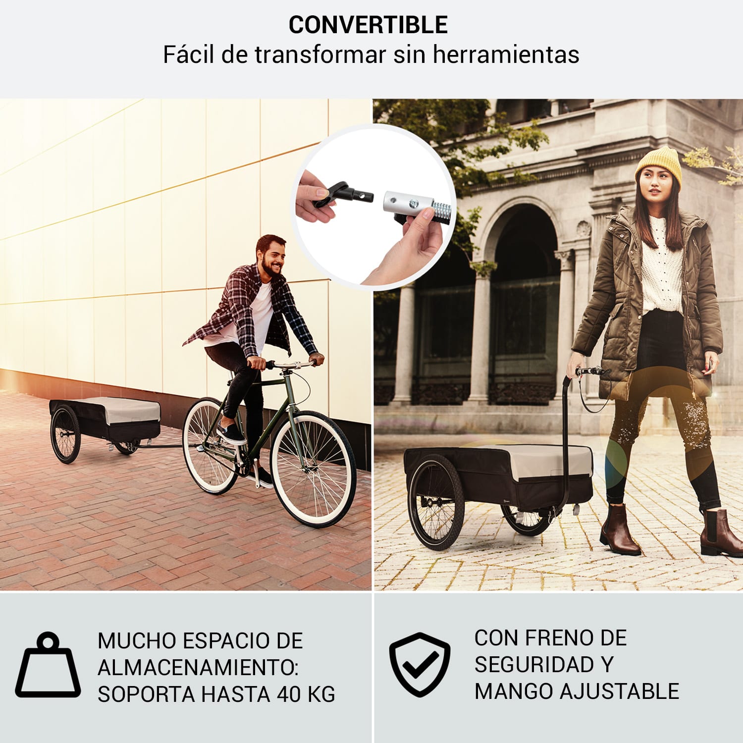 Companion L Remolque de carga 40kg/50L Remolque de bicicleta Carretilla Ruedas 16" L | Gris Paloma