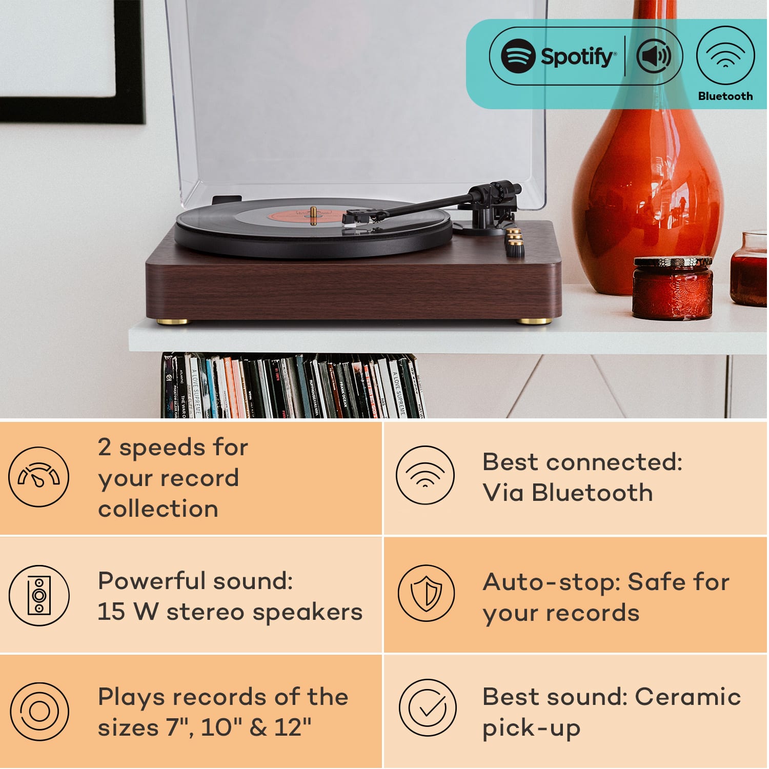 TT-Play Prime, gramofon, stereo zvočniki, jermenski pogon, 33 1/3 in 45 vrtljajev na minuto Temni les