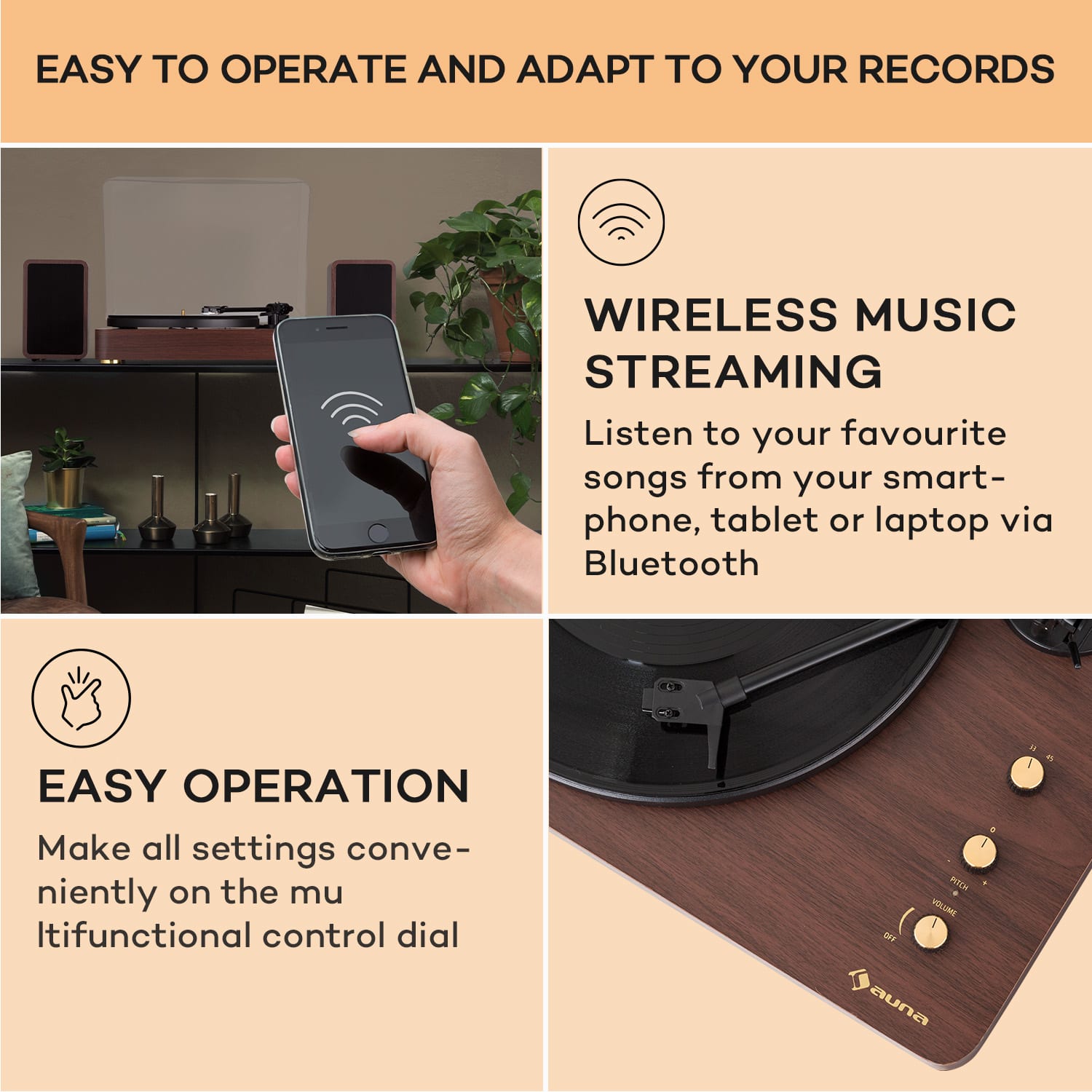 TT-Play Prime, gramofon, stereo zvočniki, jermenski pogon, 33 1/3 in 45 vrtljajev na minuto Temni les