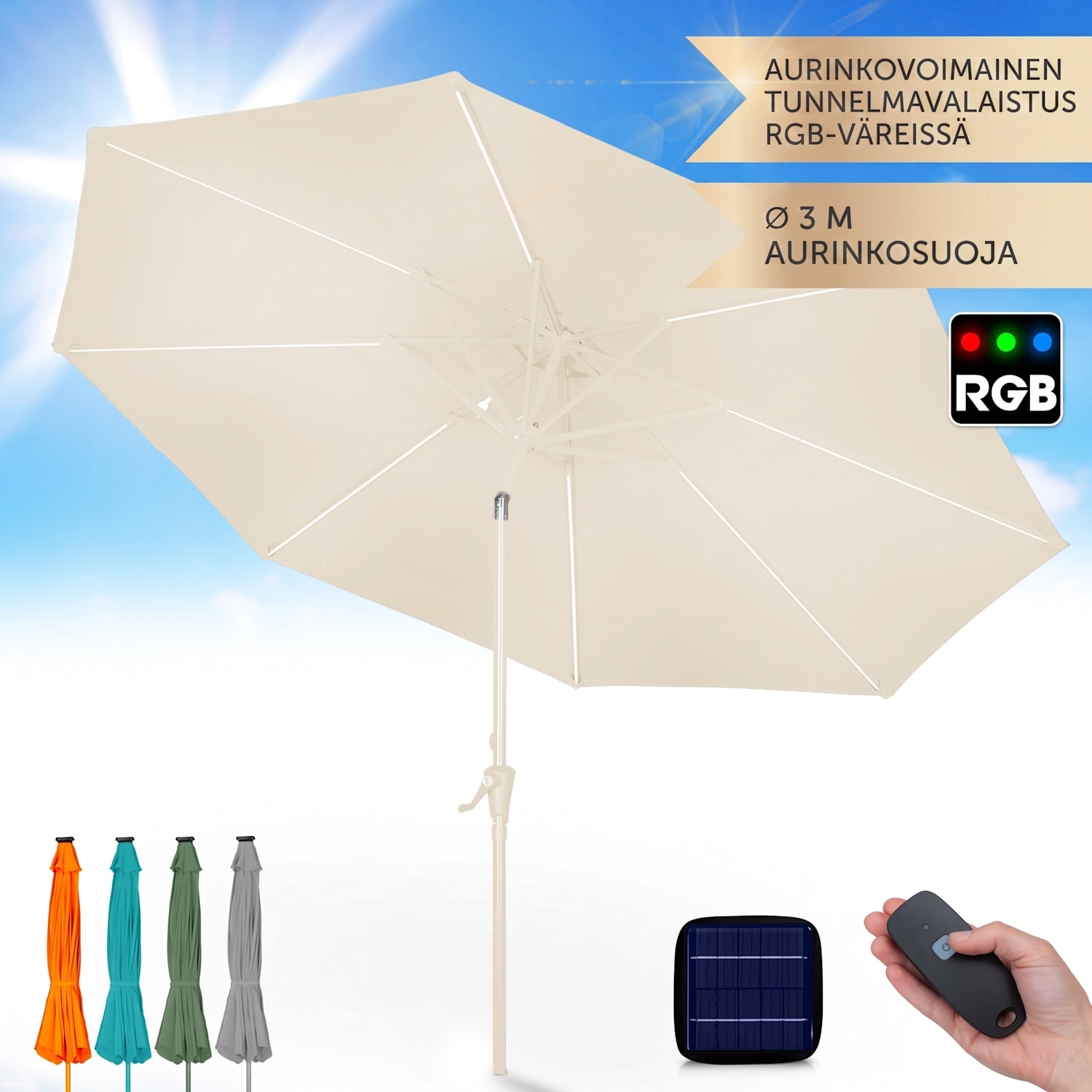 Blumfeldt Calais aurinkovarjo LED alumiinirunko polyesterikangas UV 50  Norsunluu