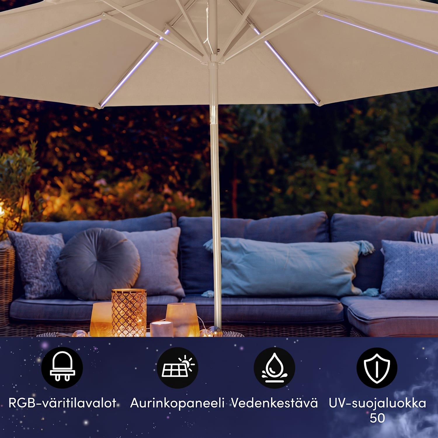 Blumfeldt Calais aurinkovarjo LED alumiinirunko polyesterikangas UV 50  Norsunluu
